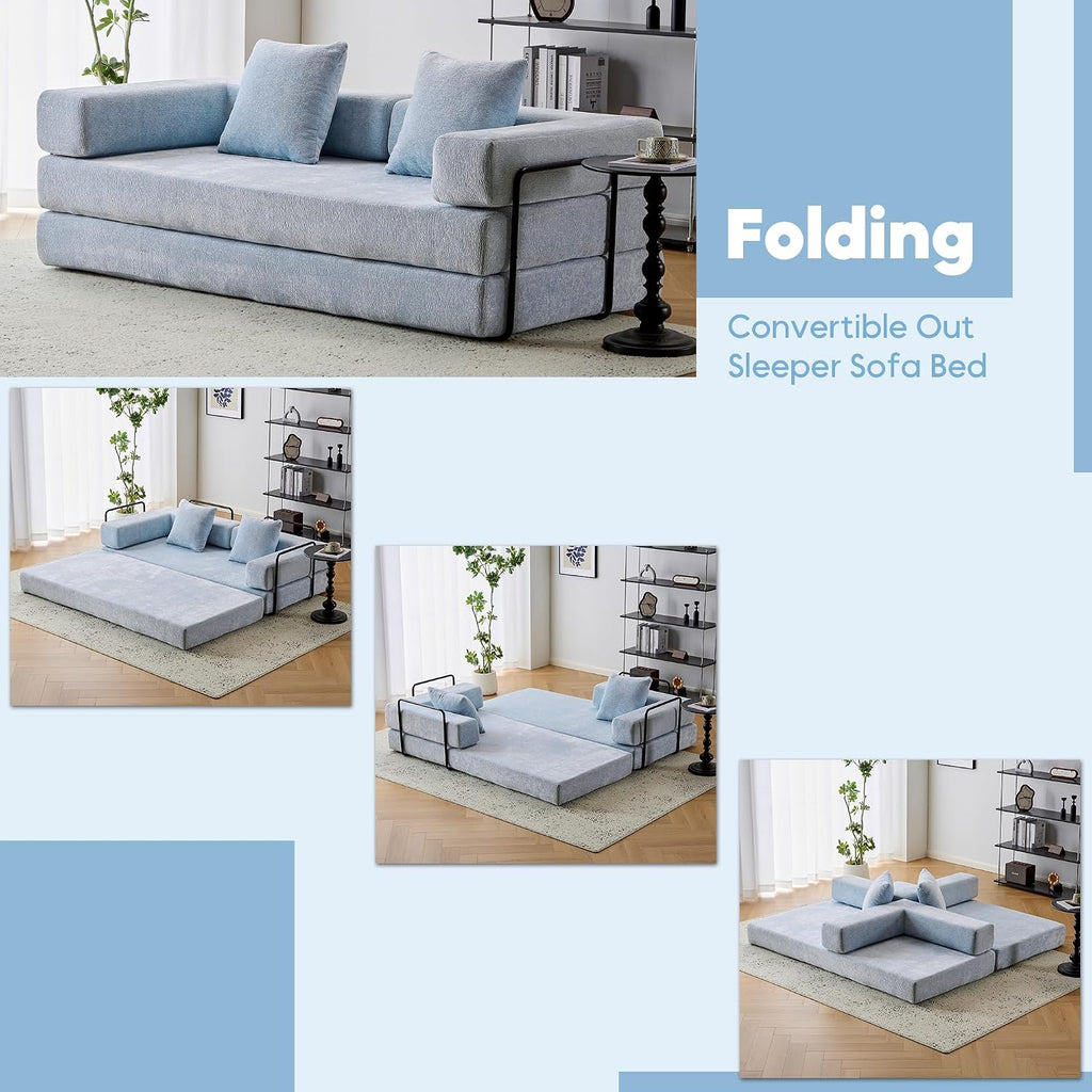 ZEIINPA Convertible Floor Sofa Bed with Fixed-Shape Frame, Modular Chenille Folding Mattress Couch with Armrest, Floor Sofa Lounge Couch for Living Room Bedroom Lounge Studio,Sky Blue