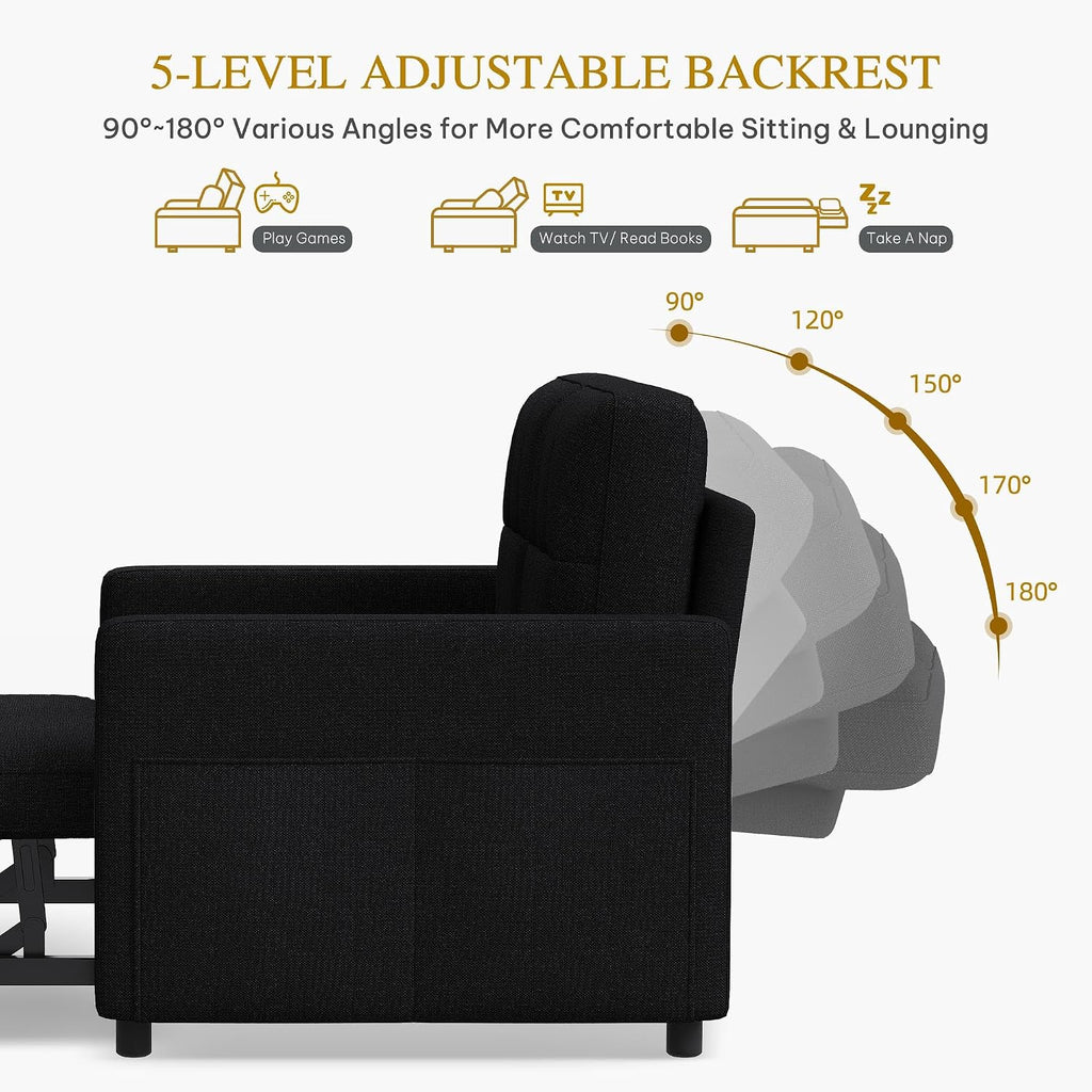 DWVO 55' Convertible Sofa Bed, 3-in-1 Sleeper Sofa with Pull-Out Bed, Linen Futon Couch with Adjustable Backrest and Side Pocket, Modern Loveseat for Living Room Apartment, Balck