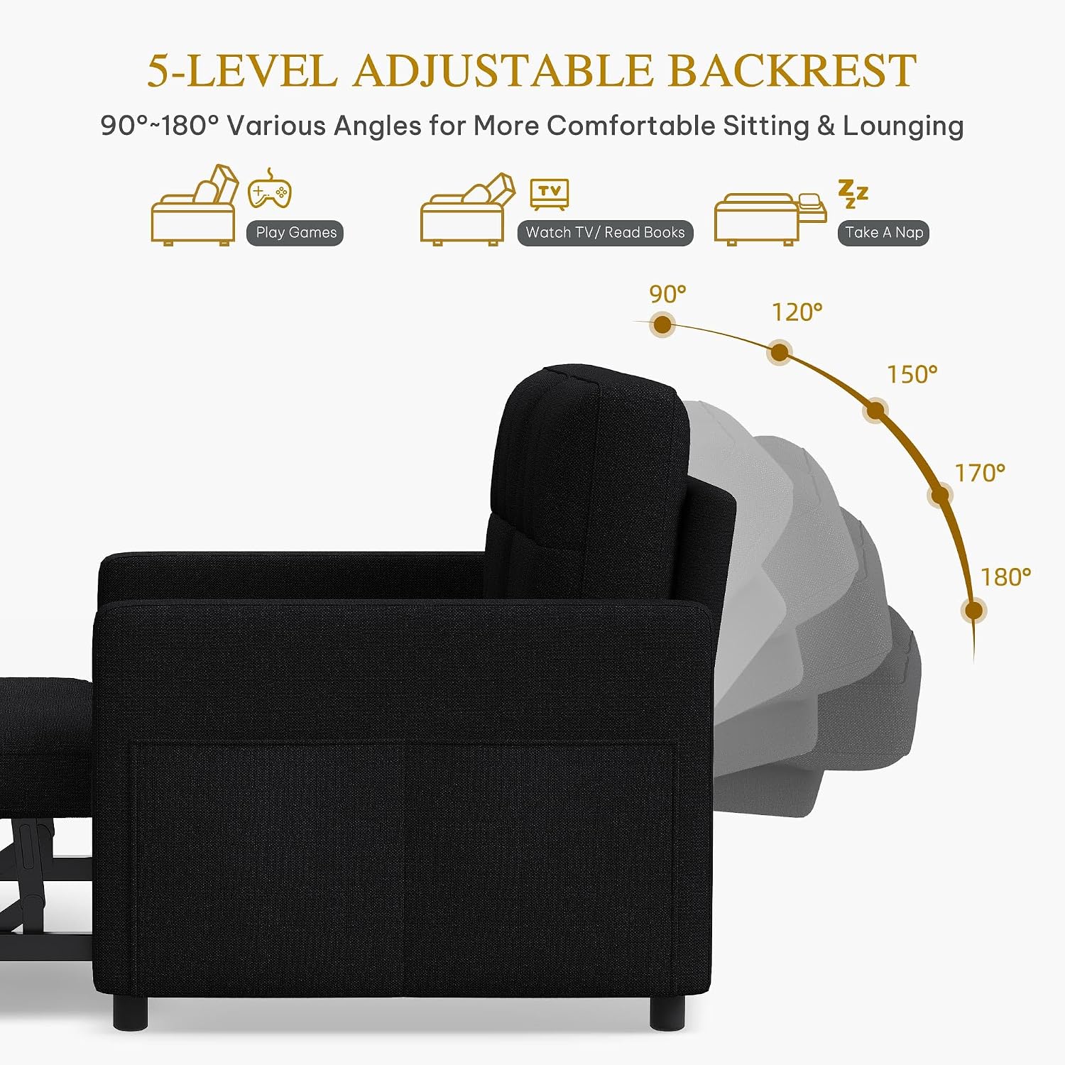 DWVO 55' Convertible Sofa Bed, 3-in-1 Sleeper Sofa with Pull-Out Bed, Linen Futon Couch with Adjustable Backrest and Side Pocket, Modern Loveseat for Living Room Apartment, Balck