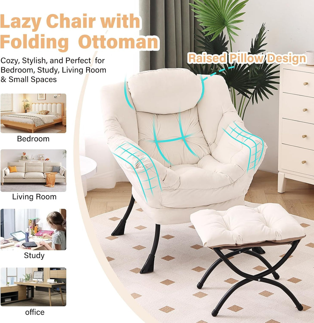 Furlide Lazy Chair with Ottoman, Modern Chair with Folding Footrest, Lounge Accent Chair, Comfortable Reading Chair, Oversized Armchairs for Bedroom, Study, Living Room, Courtyard (Beige)