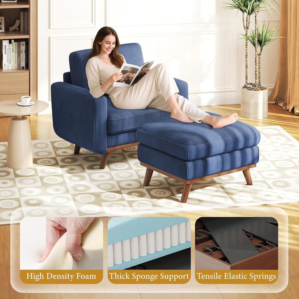 Vesgantti 38.5' Accent Chair with Movable Ottoman, Comfy Corduroy Armchair with Spring Cushion, Reading Chair with Ottoman, Modern Single Sofa for Living Room, Bedroom and Apartment, Dark Blue