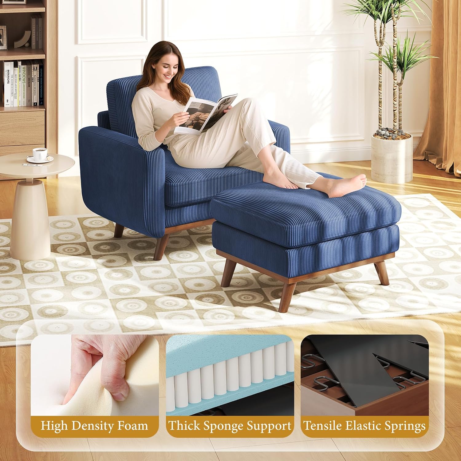 Vesgantti 38.5' Accent Chair with Movable Ottoman, Comfy Corduroy Armchair with Spring Cushion, Reading Chair with Ottoman, Modern Single Sofa for Living Room, Bedroom and Apartment, Dark Blue