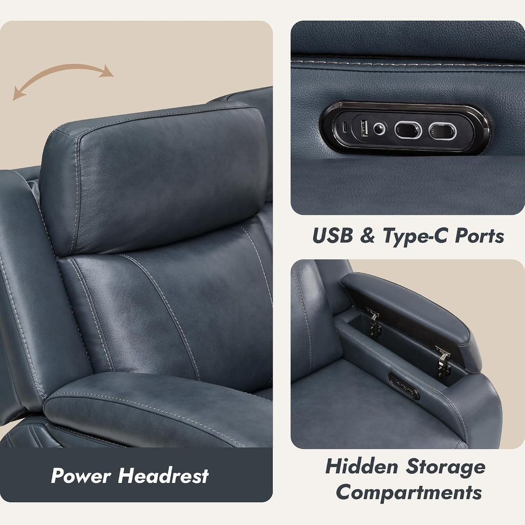 Watson & Whitely Genuine Leather Power Recliner Sofa, 3 Seater Zero Gravity Reclining Couch with Power Headrest & Flip Middle Backrest Table, Hidden Storage, Cup Holders for Living Room, Navy Blue