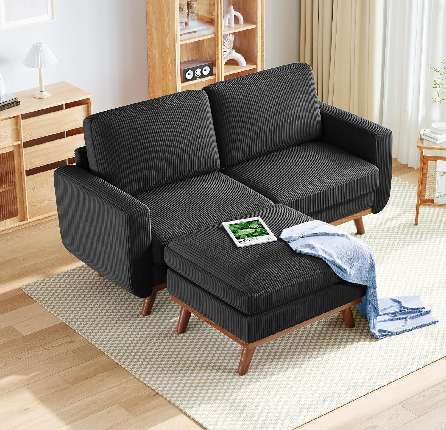 Vesgantti 68' Loveseat Sofa with Movable Ottoman, Comfy Corduroy Couch with Spring Cushion, Sofa Couch with Solid Wood, Modern Office Sofa with Deep Seat for Living Room and Bedroom, Black