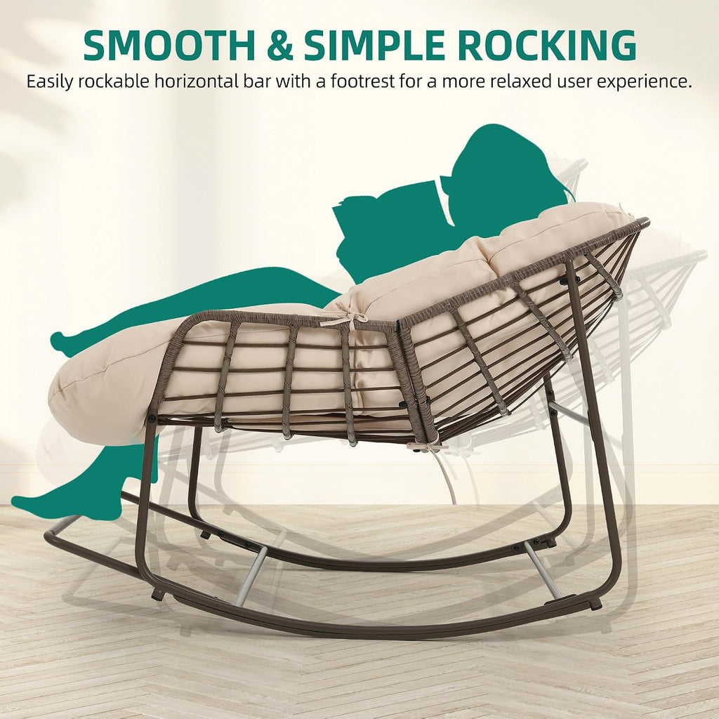 YITAHOME Rocking Papasan Chair, Outdoor Oversized Saucer Chair with Foldable Frame & Comfy Cushion, Wicker Basket Moon Chair for Patio, Porch, Bedroom (Brown+Beige)