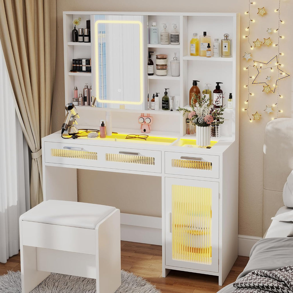 Hadulcet White Vanity Desk with Mirror and Lights, 43' Makeup Vanity Desk with Glass Top, Power Outlets, 2 Drawers, 10 Shelves & Acrylic Cabinet, LED Vanity Table for Girls Women Gift