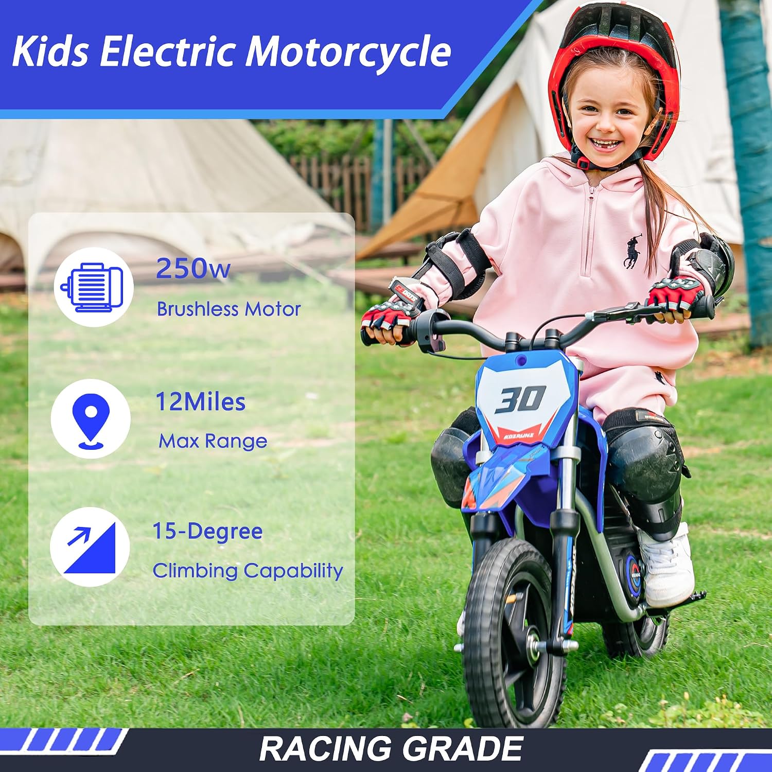 OLALA 36V Electric Dirt Bike for Kids 3-6, 250W Brushless Motor with 3-Speed Control, 15.5 MPH Max Speed, 12' Off-Road Tires Motorcycle, for Boys & Girls, Blue