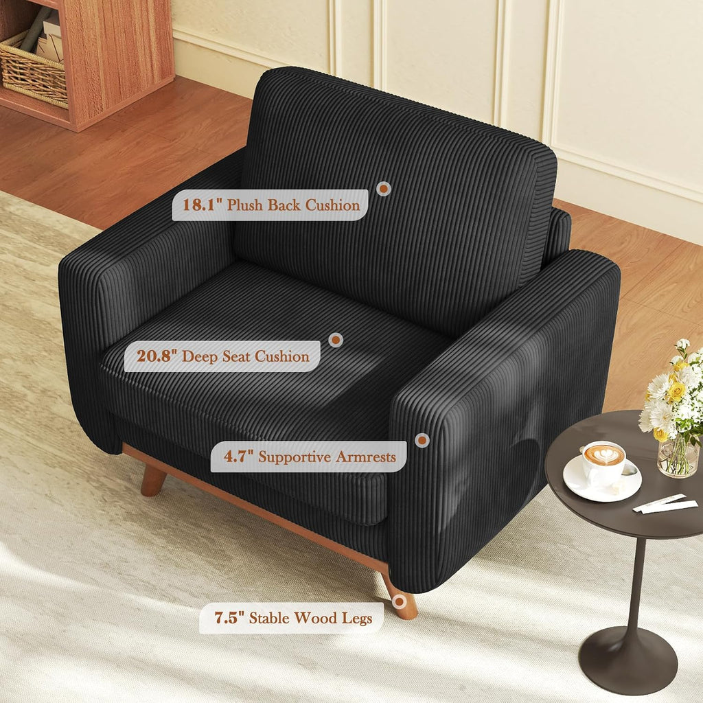 Vesgantti 38.5' Accent Chair Black, Comfy Corduroy Single Sofa Seat with Spring Cushion, Upholstered Armchair with Deep Seat, Reading Chair for Adults, Modern Sofa for Living Room, Bedroom