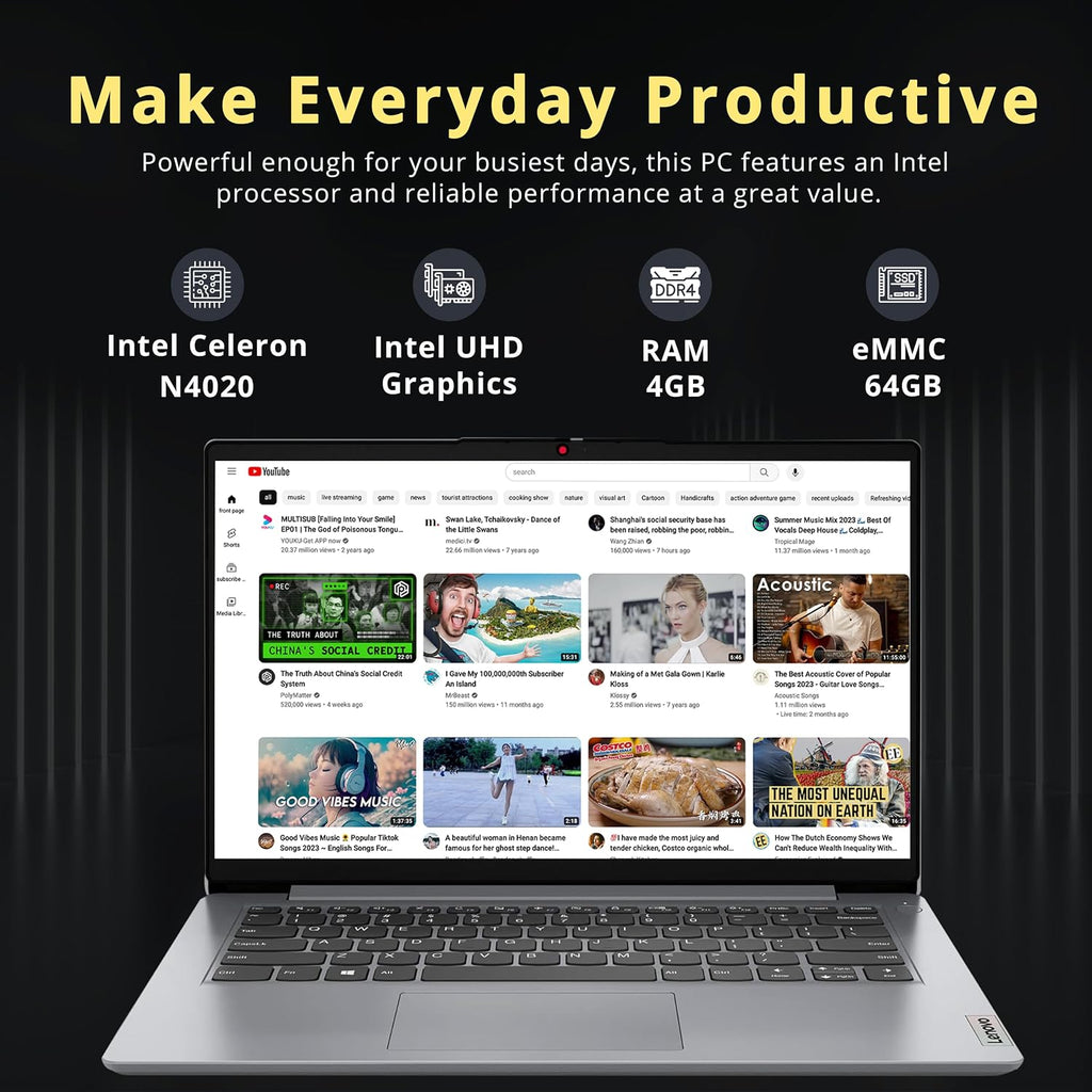 2022 Lenovo Ideapad 1i 14' HD Laptop, Intel Celeron N4020 Processor, 4GB RAM, 64GB eMMC Flash Memory, Intel HD Graphics 500, HD Webcam, Stereo Speakers, Cloud Grey, Windows 11S, 128GB USB Card