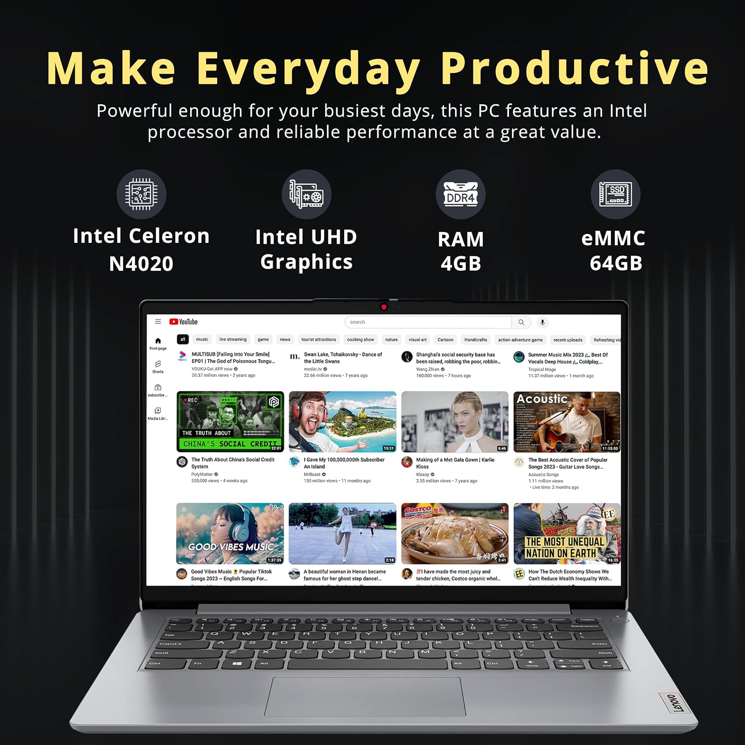 2022 Lenovo Ideapad 1i 14' HD Laptop, Intel Celeron N4020 Processor, 4GB RAM, 64GB eMMC Flash Memory, Intel HD Graphics 500, HD Webcam, Stereo Speakers, Cloud Grey, Windows 11S, 128GB USB Card