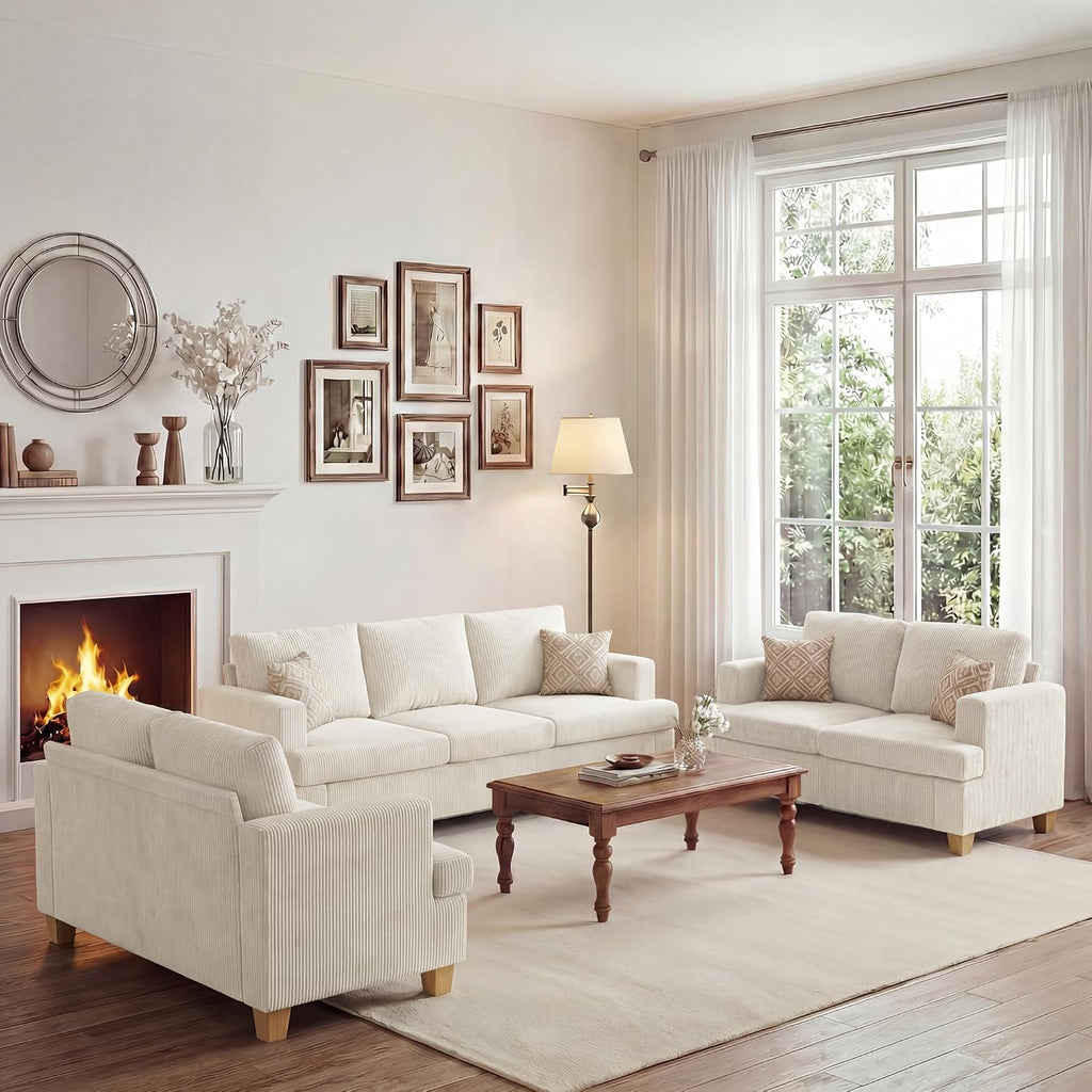 Apicizon 89'' 3-Seat Sofa Couch with 2 Loveseat, 3 Piece Corduroy Couches Sofa Set for Living Room, Modern Lounge Sofa Couches for Apartment Lounge, White