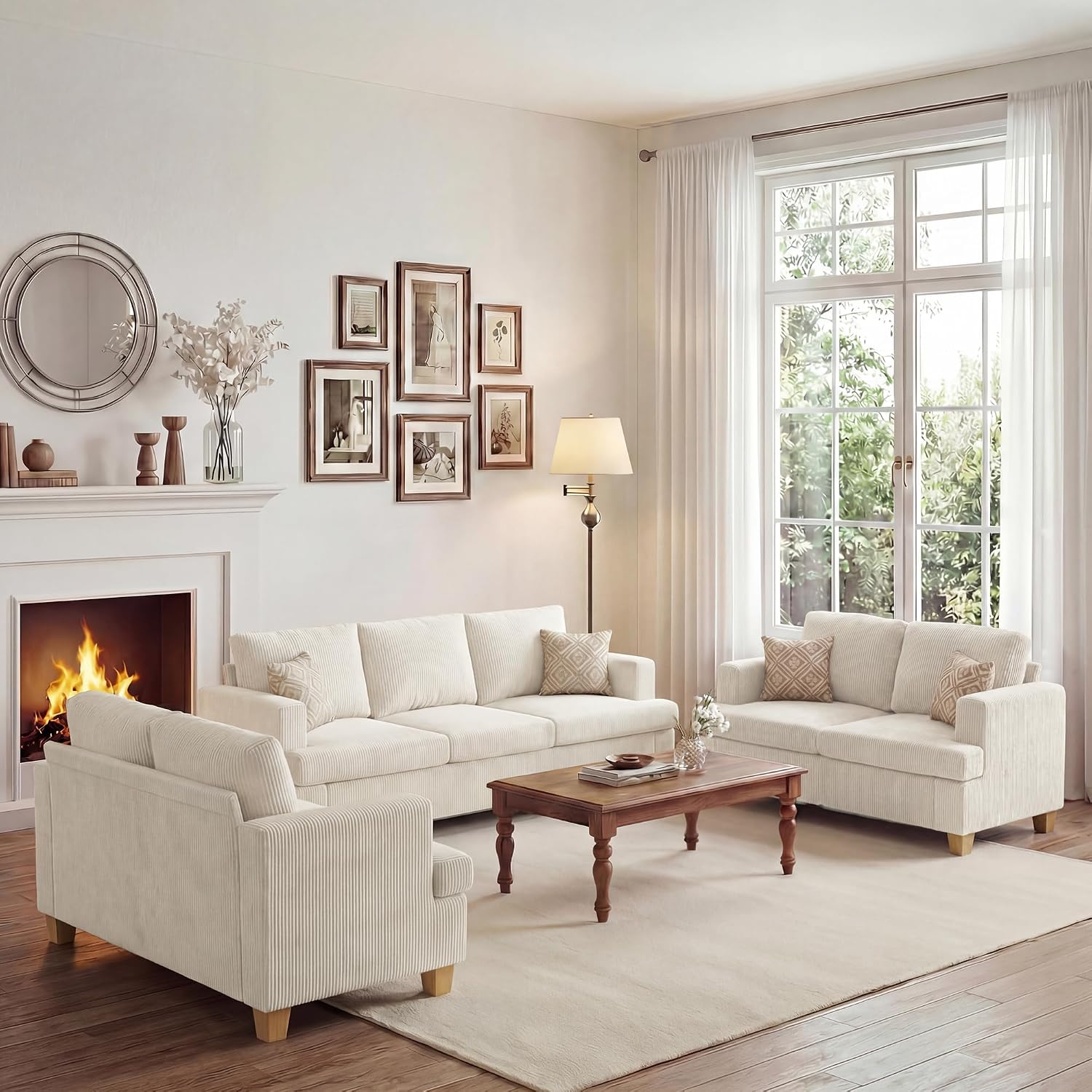 Apicizon 89'' 3-Seat Sofa Couch with 2 Loveseat, 3 Piece Corduroy Couches Sofa Set for Living Room, Modern Lounge Sofa Couches for Apartment Lounge, White