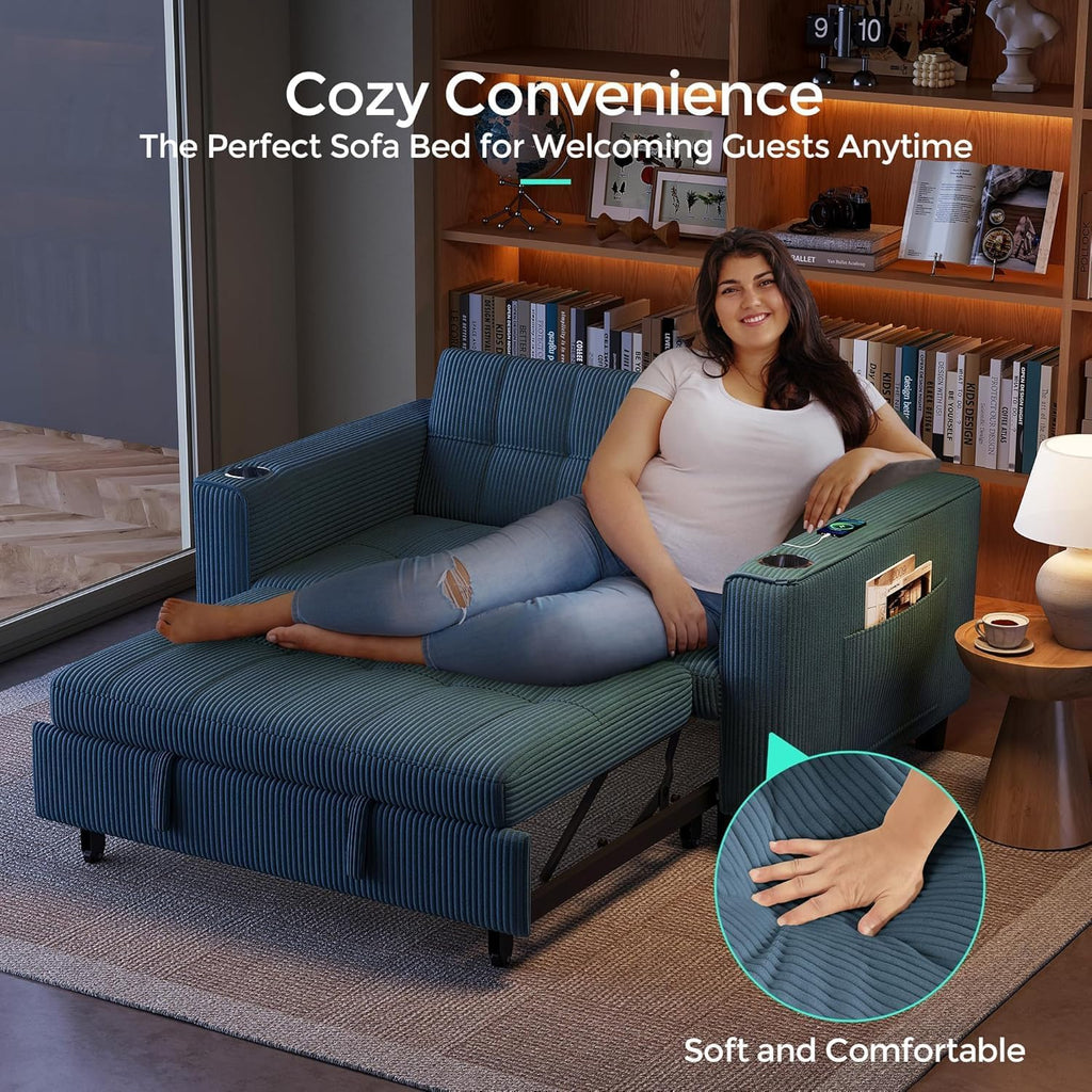 LINSY Sleeper Sofa Bed, 54' Pull Out Couch with Charging Station & Cup Holder, Small 3 in 1 Convertible Loveseat Sleeper Couch for Apartment, Dorm Room, Bedroom and Small Space(Corduroy Blue)