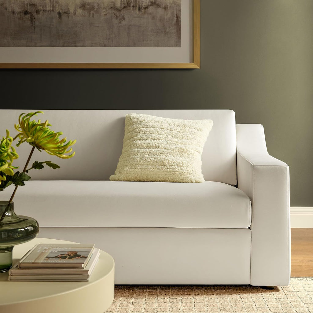 Modway Liora 87 Inch Stain-Resistant Performance Velvet Sofa in Alabaster - 3 Seater Upholstered Sofa Couch for Living Room Seating - Comfy Deep Seat Sofa with Scoop Arms