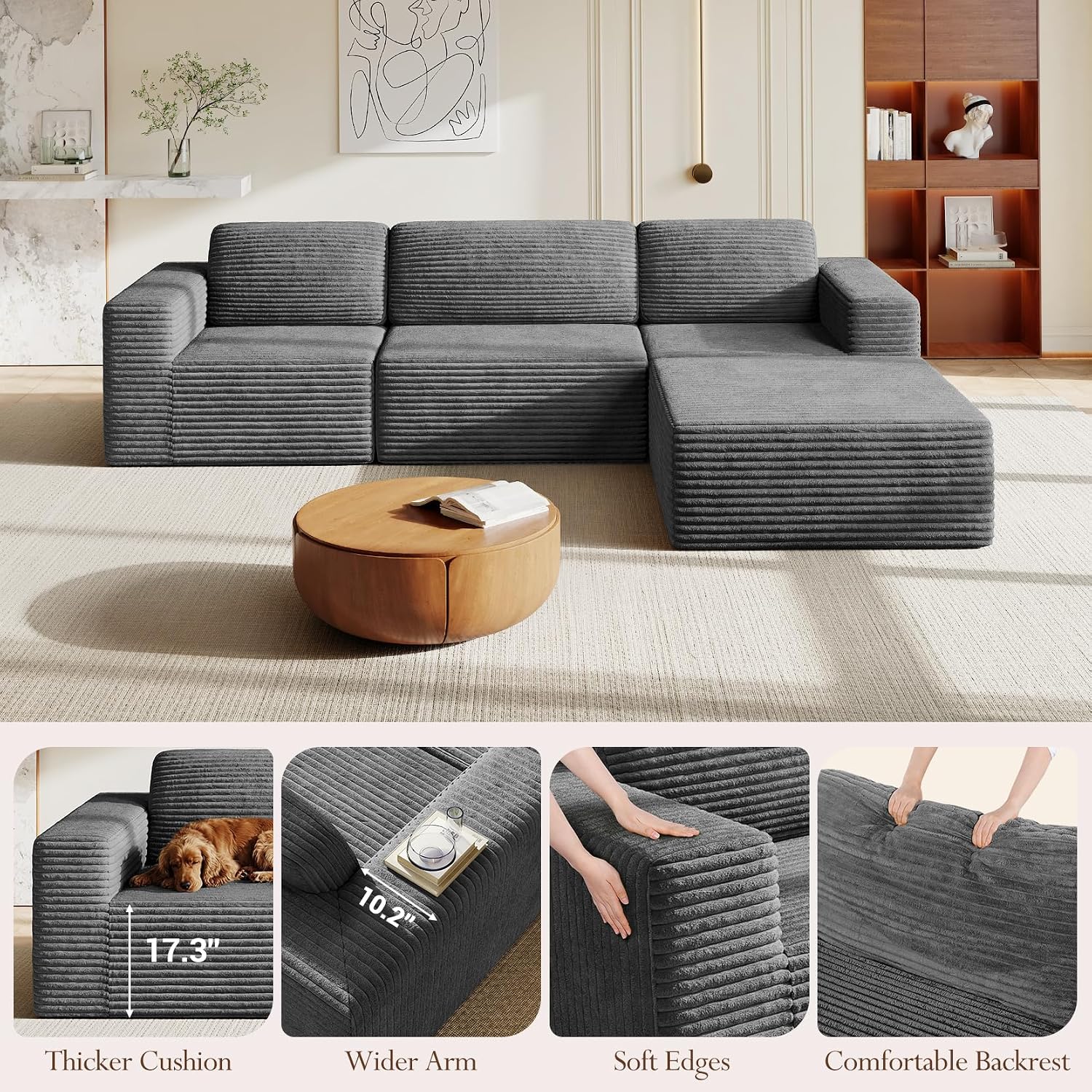 Vesgantti 119' L-Shaped Modular Sectional Sofa, Corduroy Cloud Couch with Deep Seating & Spring Support, Flexible Layout Sofa with Ottoman, Boneless Style, No Assembly Required, Grey