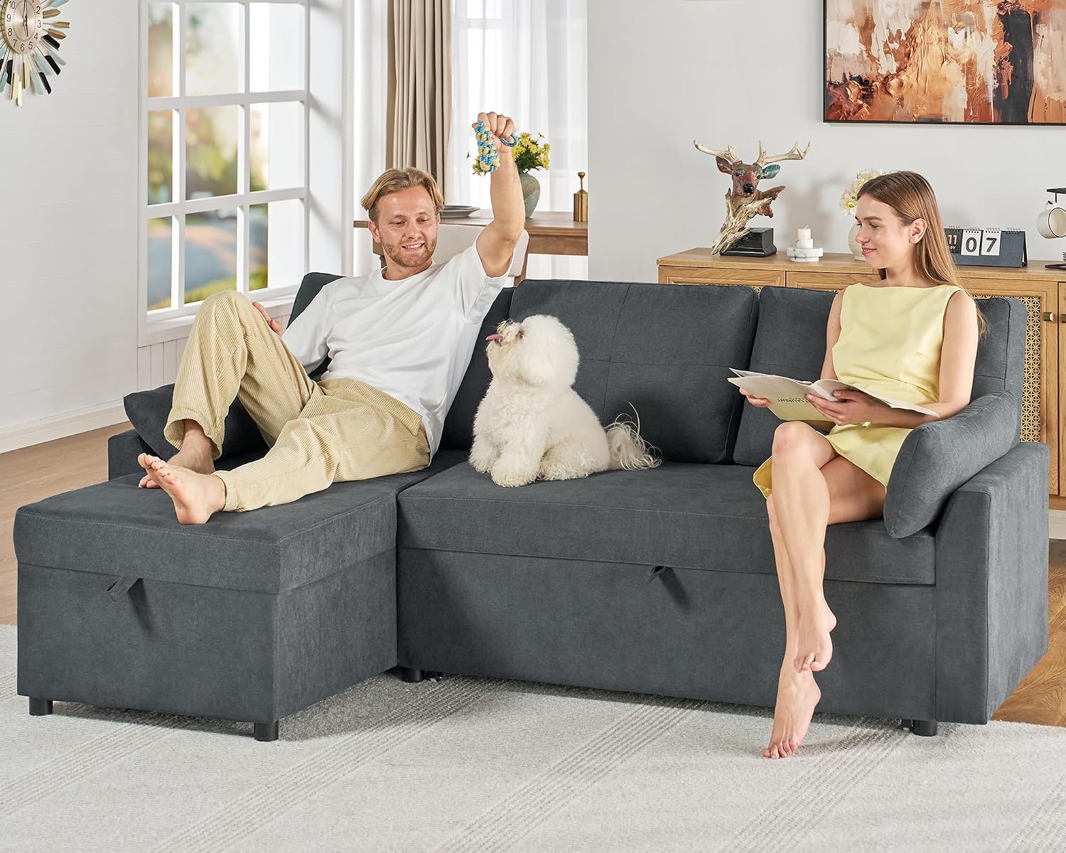 AMERLIFE Sleeper Sofa, 2-in-1 Sofa Bed with Storage Chaise, Pull Out Sofa Couch for Living Room, Guest Room, Linen Grey