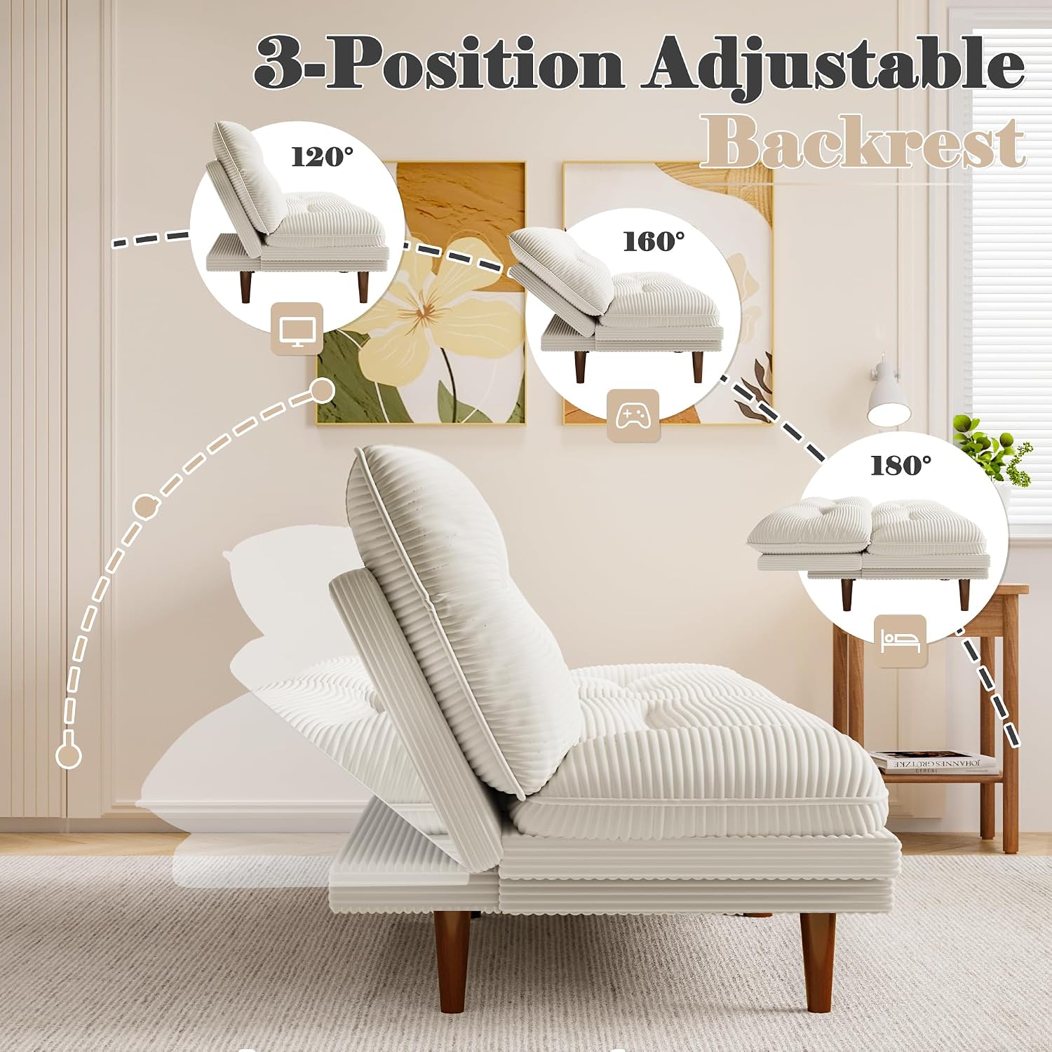 Homall Futon Sofa Bed, Modern Loveseat Futon Couch with Adjustable Backrest and Armrests, Sleeper Sofa Bed with Wood Frame for Living Room, Office, Apartment (Corduroy, White)