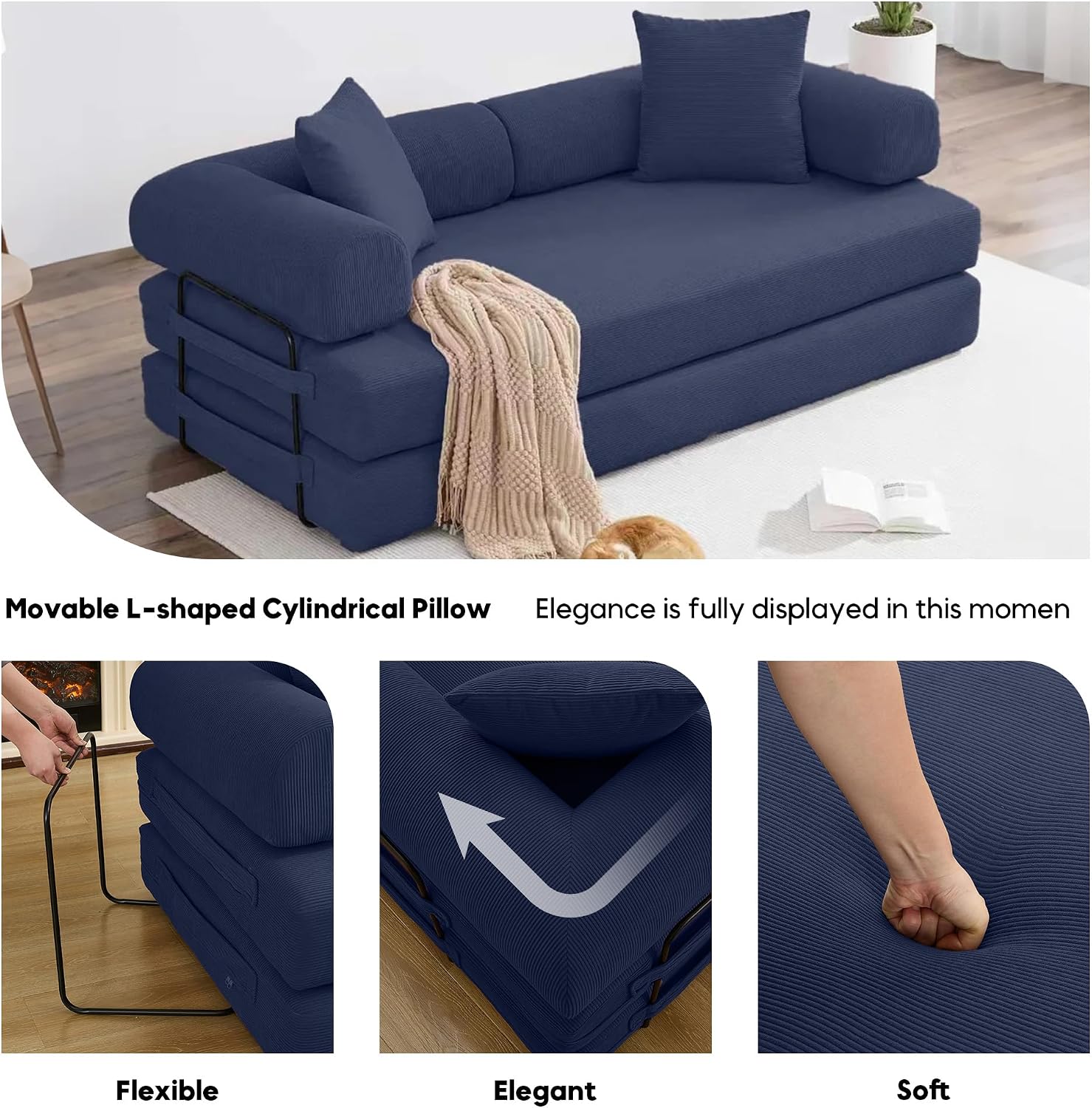 ZEIINPA Convertible Sleeper Sofa Bed with Cylindrical Pillow, Corduroy Folding Boneless Couch with Fixed-Shape Frame, Floor Sofa Lounge Couch for Living Room Bedroom Lounge Studio-Blue