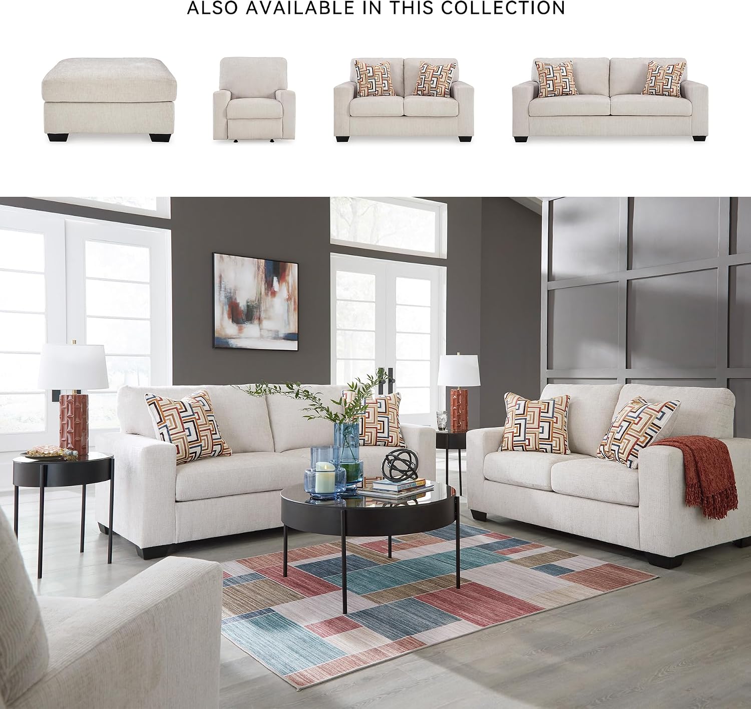 Signature Design by Ashley Aviemore Coastal Sofa Sleeper with Folding Memory Foam Mattress and 2 Accent Pillows, Queen, Beige