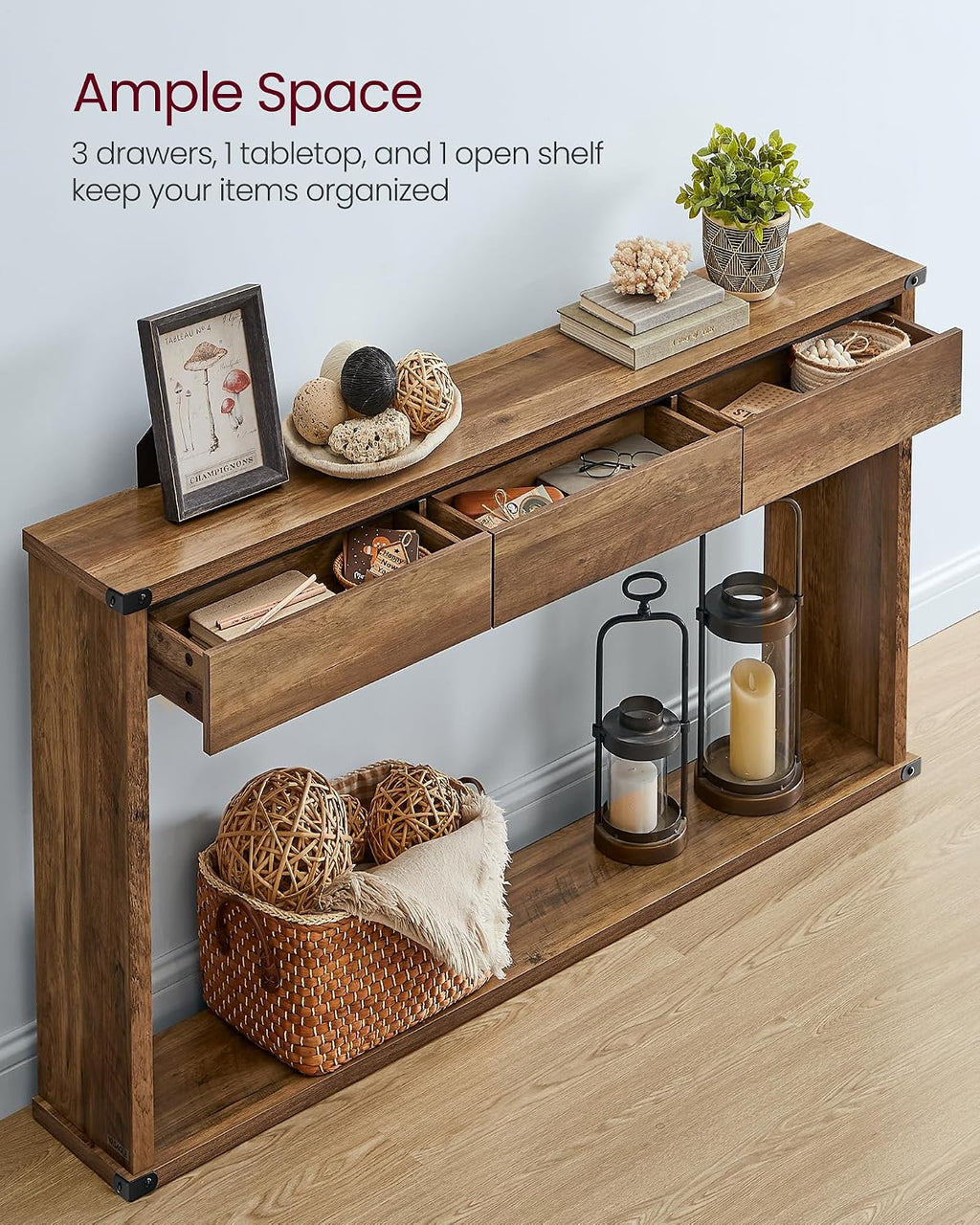 VASAGLE Sofa Console Table, 47.2 Inches Narrow Entryway Table with 3 Drawers, Bottom Shelf, Metal Corners, for Living Room, Bedroom, Farmhouse Style, Honey Brown ULNT143KB01S