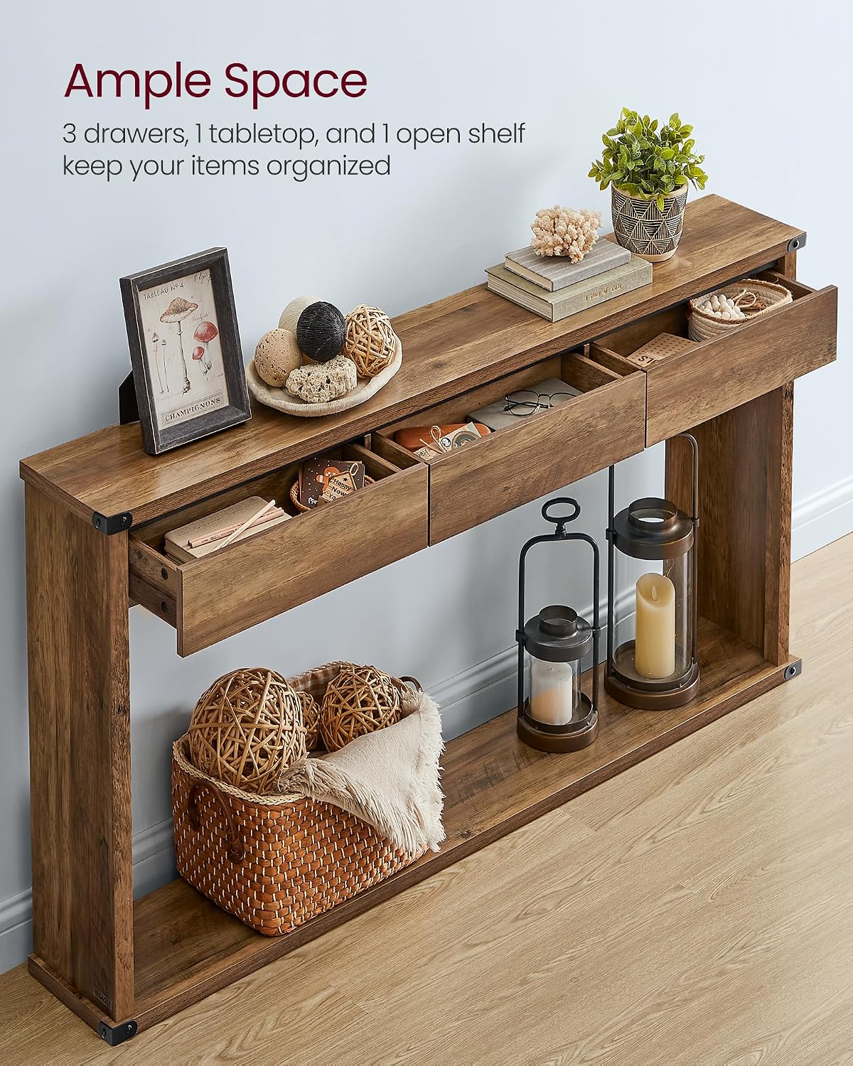 VASAGLE Sofa Console Table, 47.2 Inches Narrow Entryway Table with 3 Drawers, Bottom Shelf, Metal Corners, for Living Room, Bedroom, Farmhouse Style, Honey Brown ULNT143KB01S