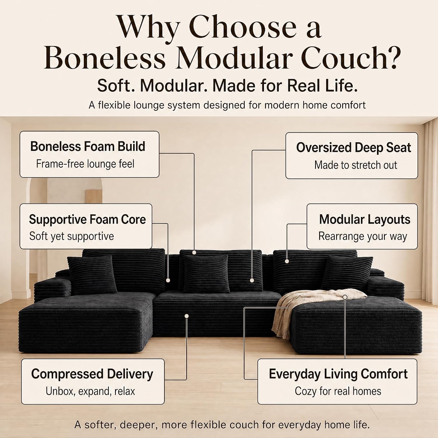Boneless Modular Sectional Sofa, Cloud Couch with Left Facing Chaise, Oversized Deep Seat, L-Shaped, Soft Corduroy Fabric, Sectional Couch for Living Room -Black