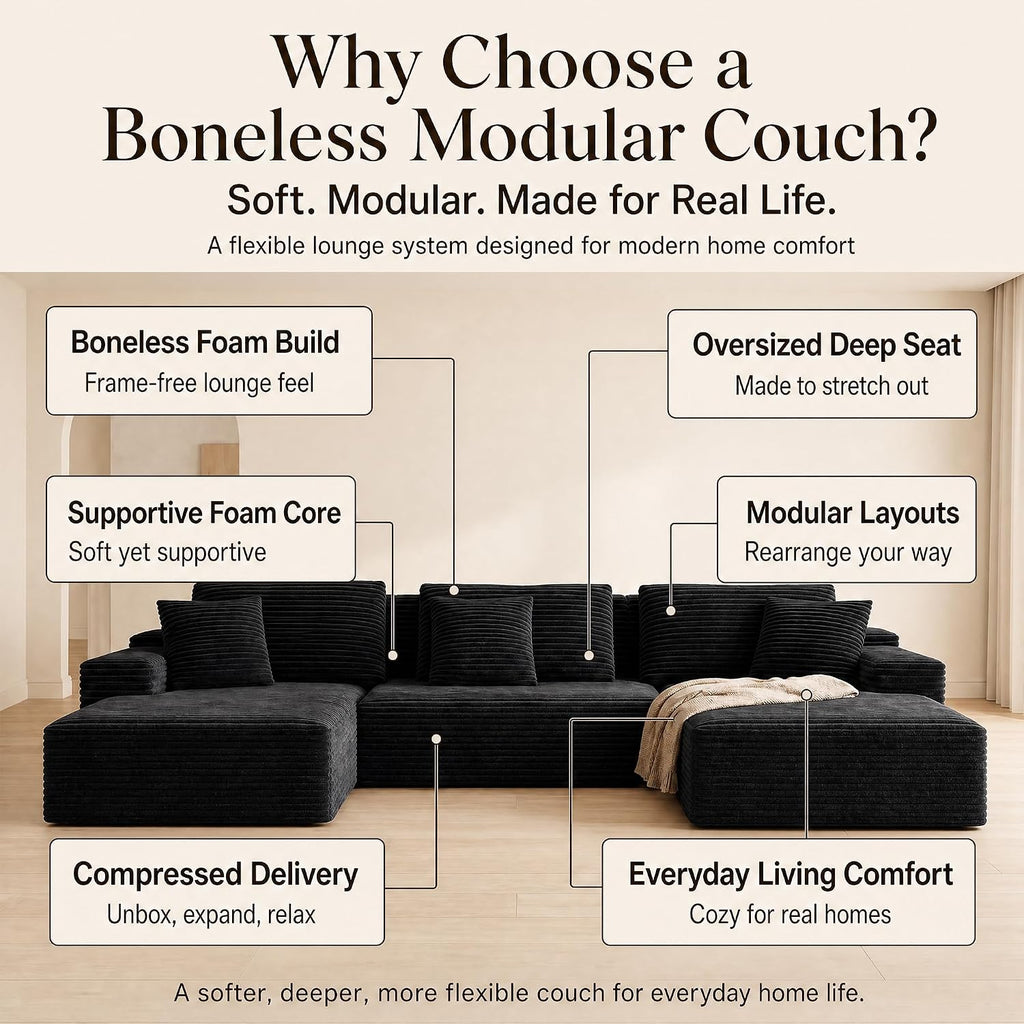 105'' Boneless Modular Sectional Sofa, Cloud Couch with Left Facing Chaise, Oversized Deep Seat, U-Shaped, Soft Corduroy Fabric, Sectional Couch for Living Room -U Black