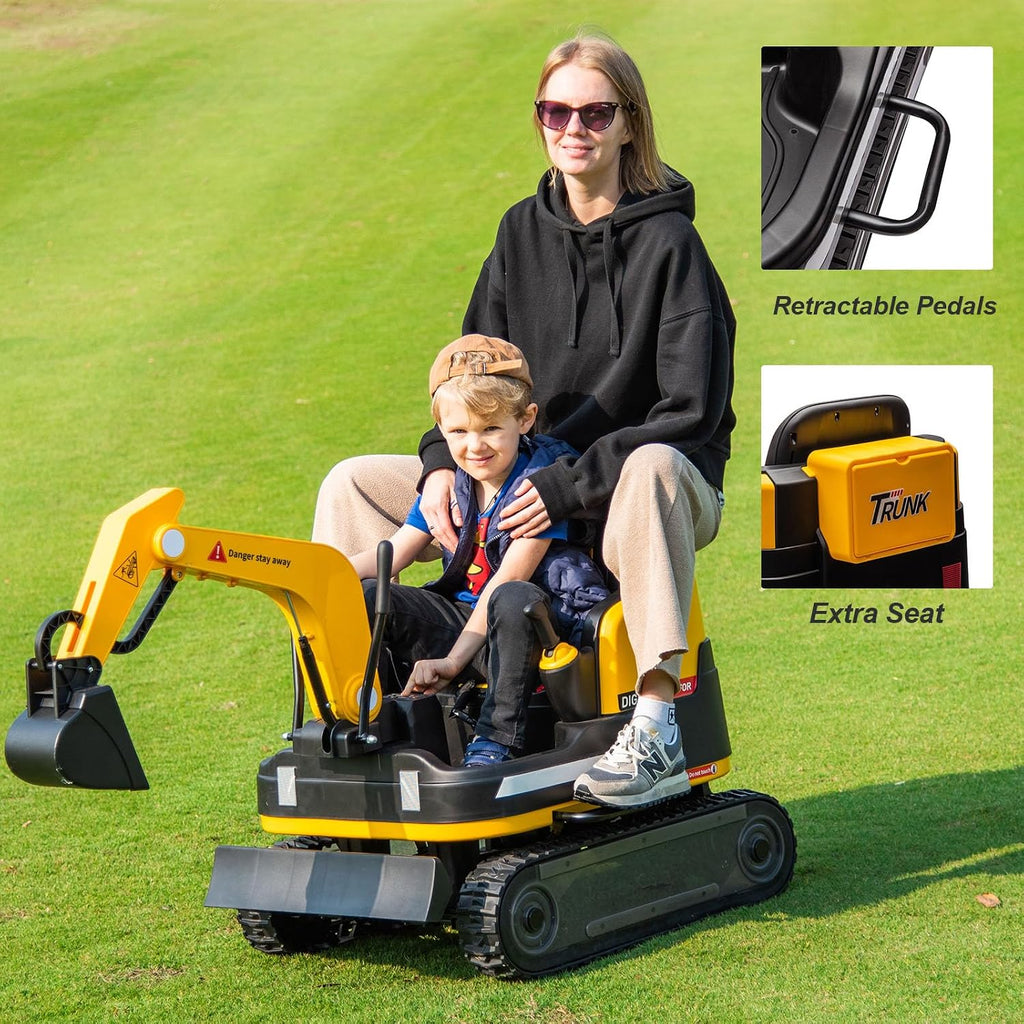 JOYLDIAS 360 Degree Rotating Ride On Excavator and Bulldozer,12V12AH Battery Powered Ride On Toy Backhoe W/Track Design Wheels for All Terrain,Remote Control,MP3,Toolbox for Kids,Parent,Yellow