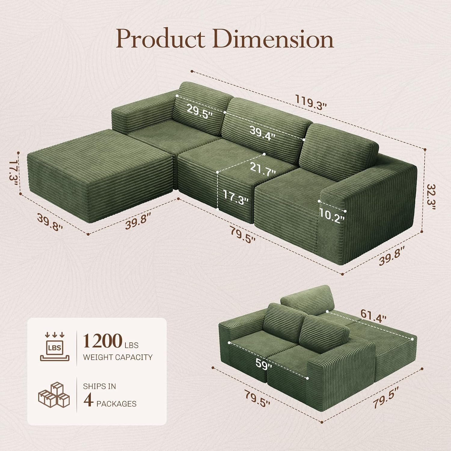 Vesgantti 119' L-Shaped Modular Sectional Sofa, Corduroy Cloud Couch with Deep Seating & Spring Support, Flexible Layout Sofa with Ottoman, Boneless Style, No Assembly Required, Green