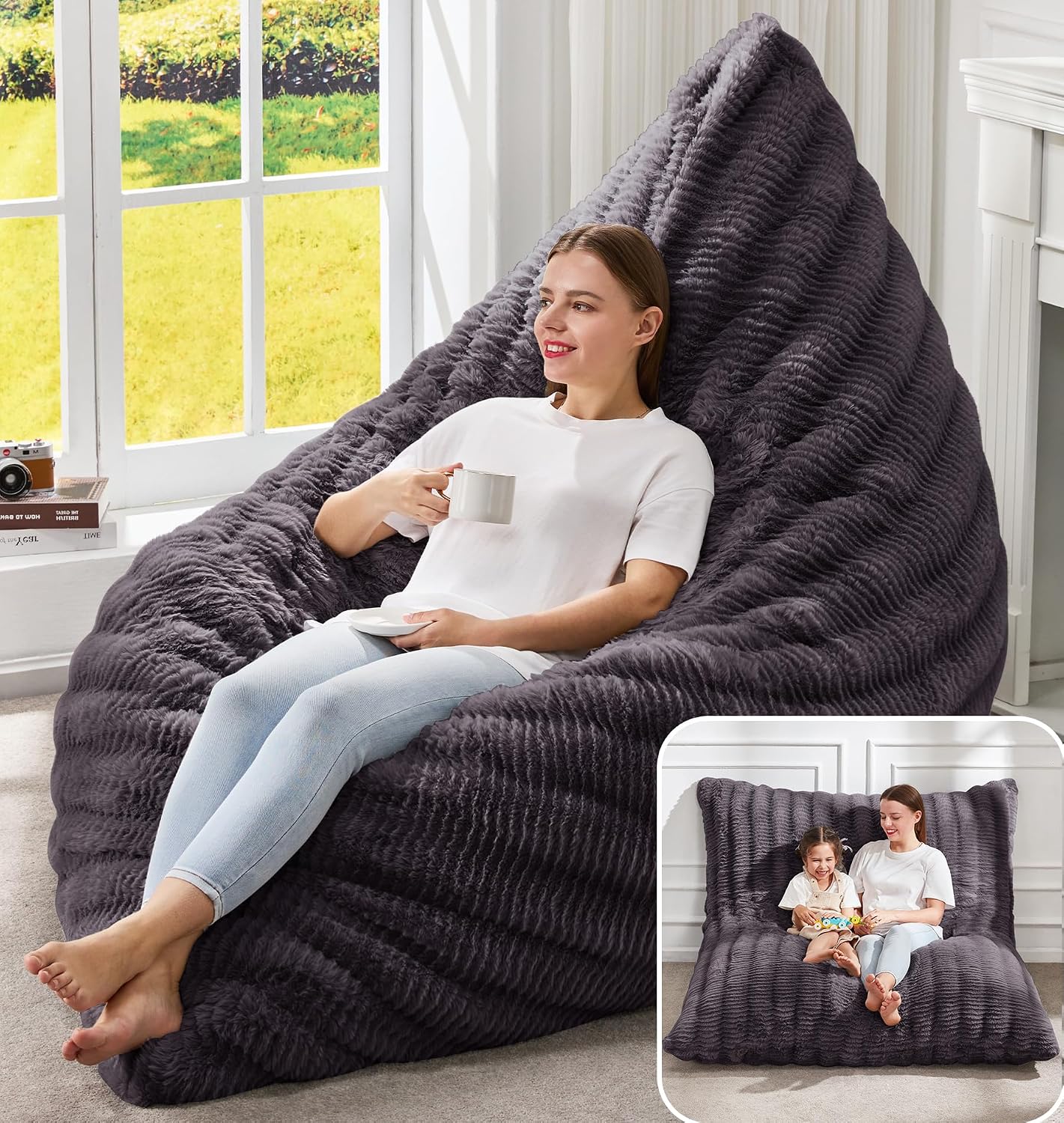 Hobestluk 3 in 1 Bean Bag Chair Giant Bean Bag Chairs for Adults with Ripple Cover Convertible Bean Bag Floor Cushion with Machine Washable Cover for Living Room (Ripple Dark Grey)