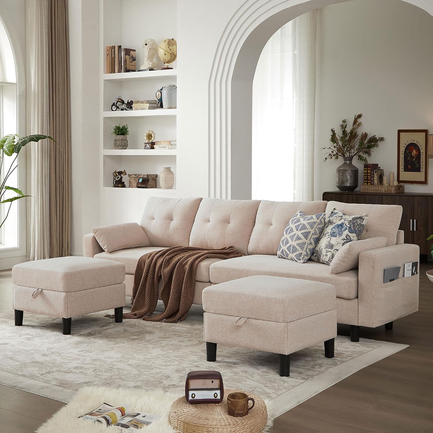 Sectional Sofa with Storage Seats, 4 Seater U Shaped Couch with 2 Movable Ottoman Chaises for Living Room, Polyester Cover & Soft Cushions, 101' Combination Sectional Couch, Beige