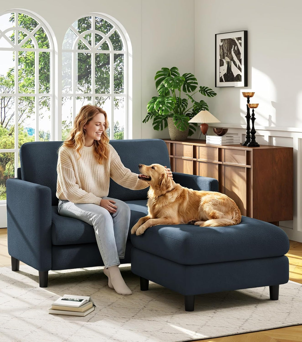 Welzona Loveseat, 51' Small L Shaped Couch, Comfy Teddy Love Seat with Ottoman Set, Tool-Free Setup Loveseat Sofa with Ottoman, All-Wood Small Sofa Couch for Bedroom, Couch for Living Room, Blue Grey
