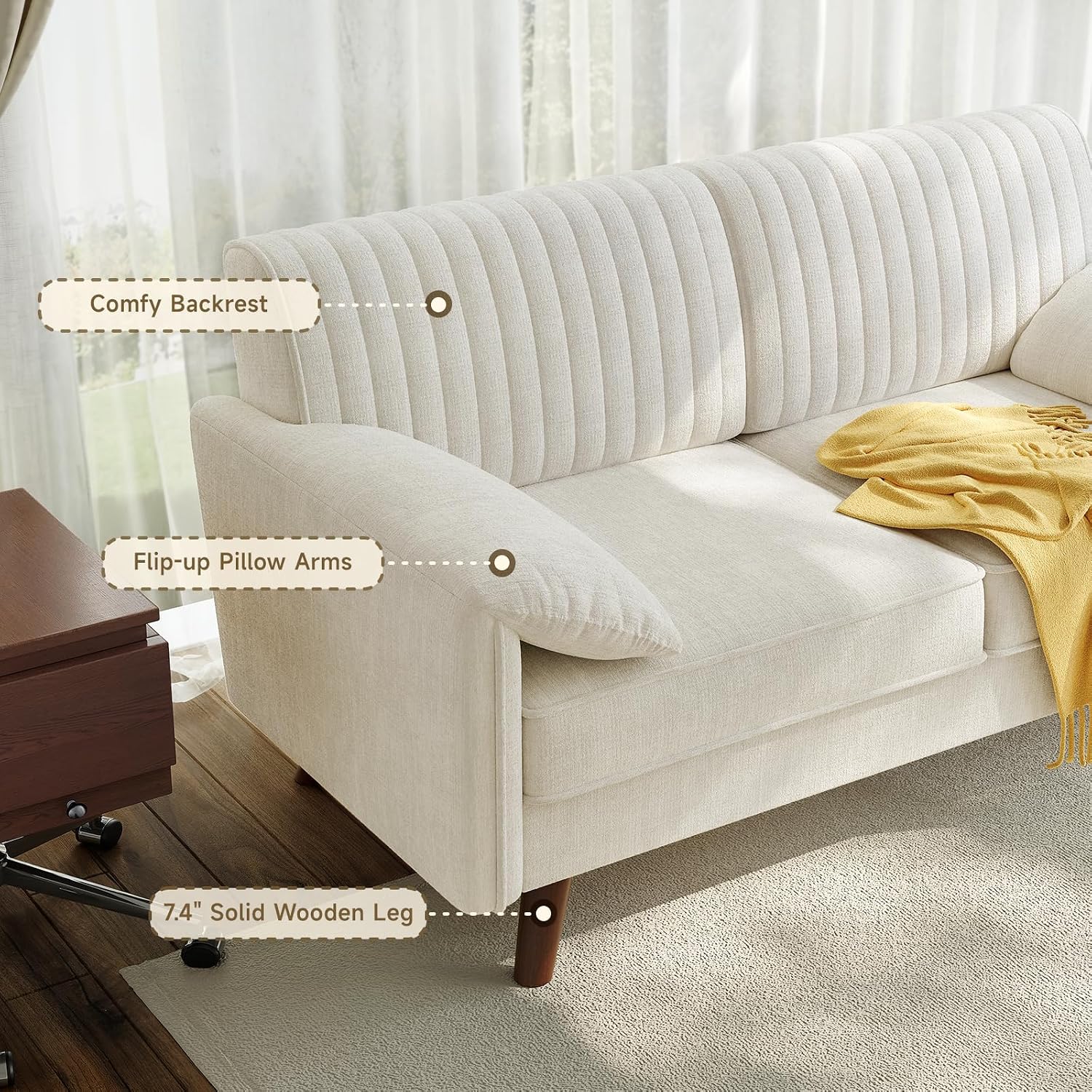 ONBRILL 64.5' Loveseat Sofa, Chenille Loveseat Couch for Living Room, 23.2' Deep Seat Love Seat with Padded Arms, Comfy Modern Small Couches for Bedroom, Small Spaces, Dorms, Office, Beige
