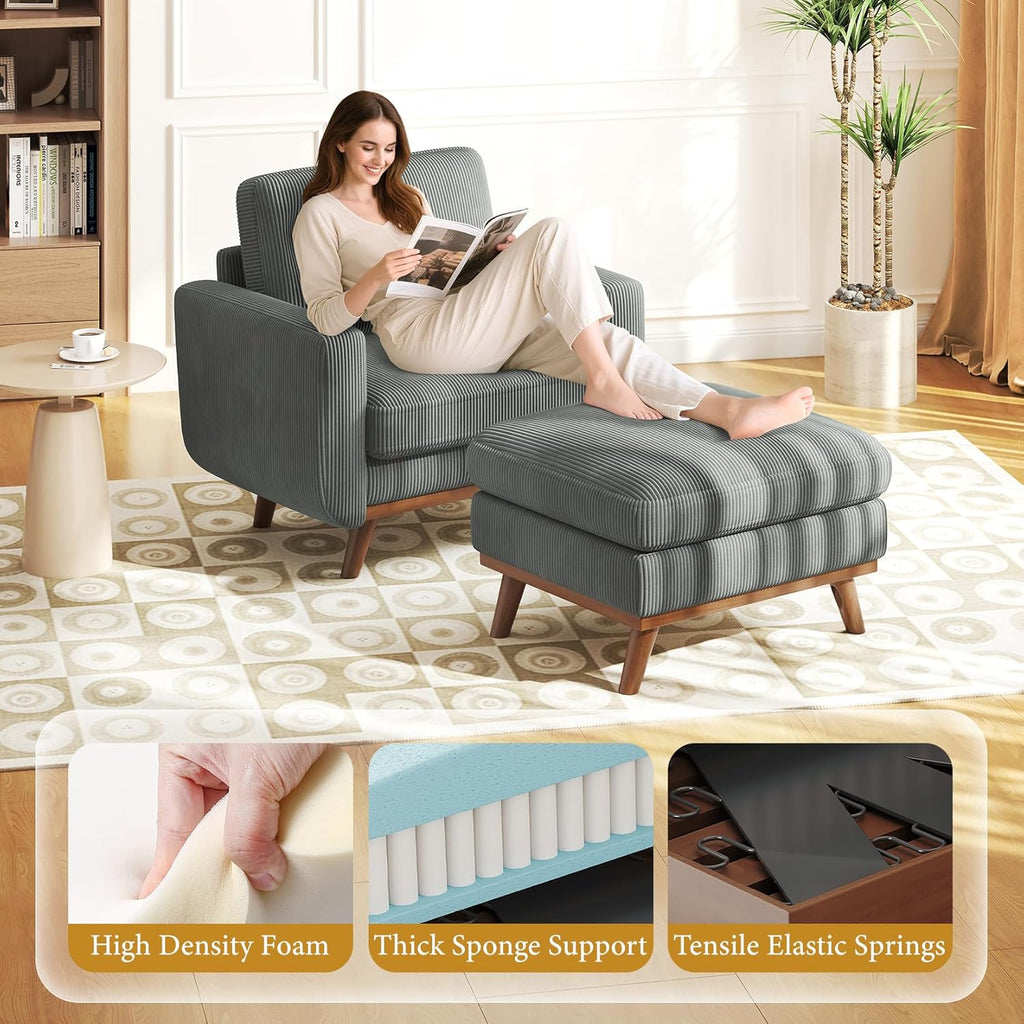 Vesgantti 38.5' Accent Chair with Movable Ottoman, Comfy Corduroy Armchair with Spring Cushion, Reading Chair with Ottoman, Modern Single Sofa for Living Room, Bedroom and Apartment, Dark Gray