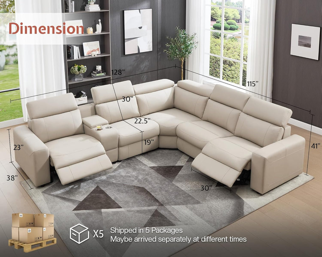 AMERLIFE Power Recliner Sectional Sofa with Storage/USB Port, Leather Recliner Sofa with Adjustable Headrest, Reclining Sectional Couches with Console and Cup Holder for Living Room (Beige Brown)