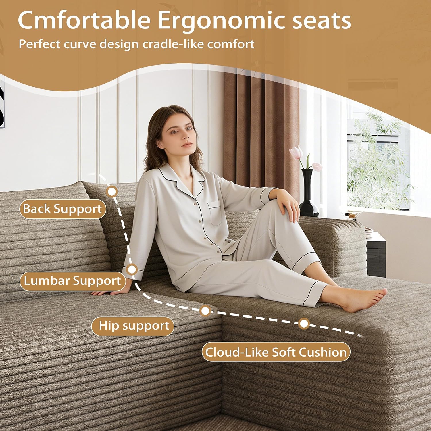 AUGOP 96' Sectional Couches for Living Room Modern Modular Sofa with L-Shape Couchs Upholstered Boneless Couch Deep Seat Sectional Couch with Chaise (Camel, 96' Right Facing Chaise+2Seaters)