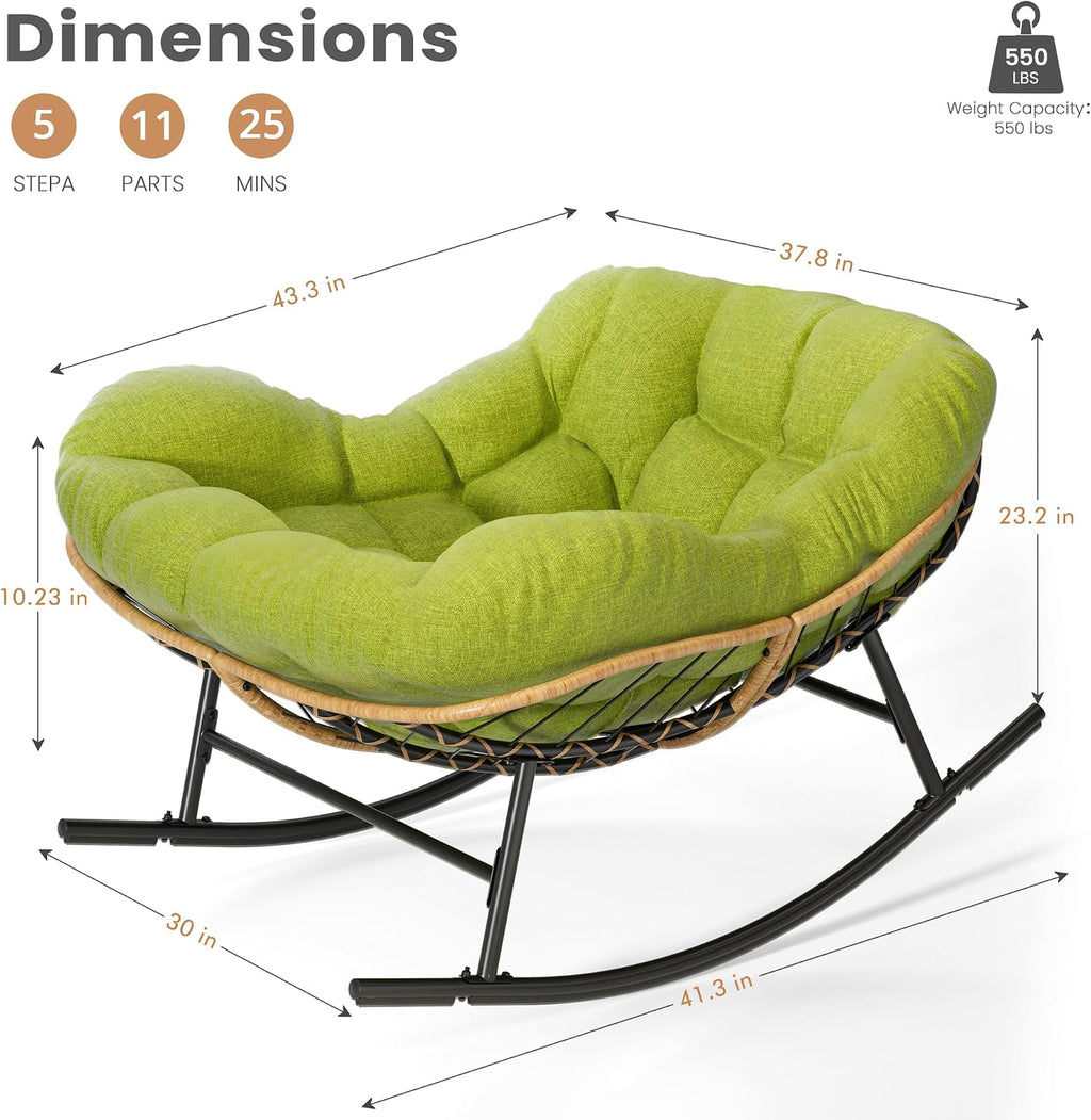 Easyego Oversized Papasan Rocking Chair Indoor Outdoor Use, Comfortable Wicker Rocker with Cozy Thicken Cushion for Deck, Balcony, Poolside, Lawn, Bedroom, Living Room, Green