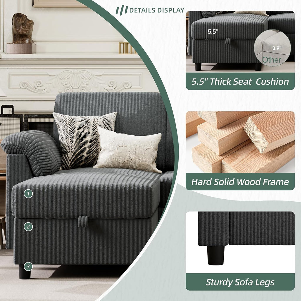 Vongrasig 79' Convertible Sectional Couches Sofa with Storage Ottoman, 3 Seat L Shaped Couch with Side Storage Pockage, Small Couches for Living Room, Apartment and Small Space, Grey