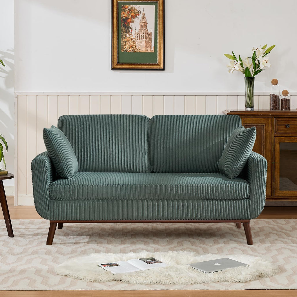 Kingfun 65' Corduroy Love Seat with Spring Cusions, Mid Century Modern Loveseat Sofa for Livingroom & Bedroom, Comfy Upholstered Small Couch, Green