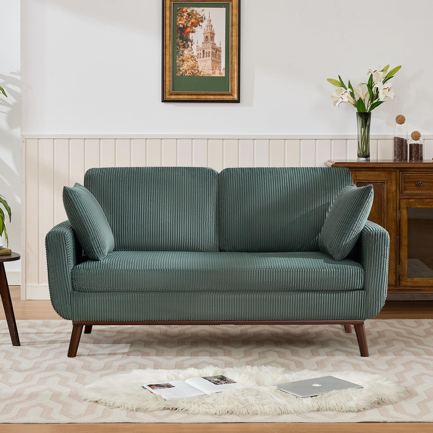 Kingfun 65' Corduroy Love Seat with Spring Cusions, Mid Century Modern Loveseat Sofa for Livingroom & Bedroom, Comfy Upholstered Small Couch, Green