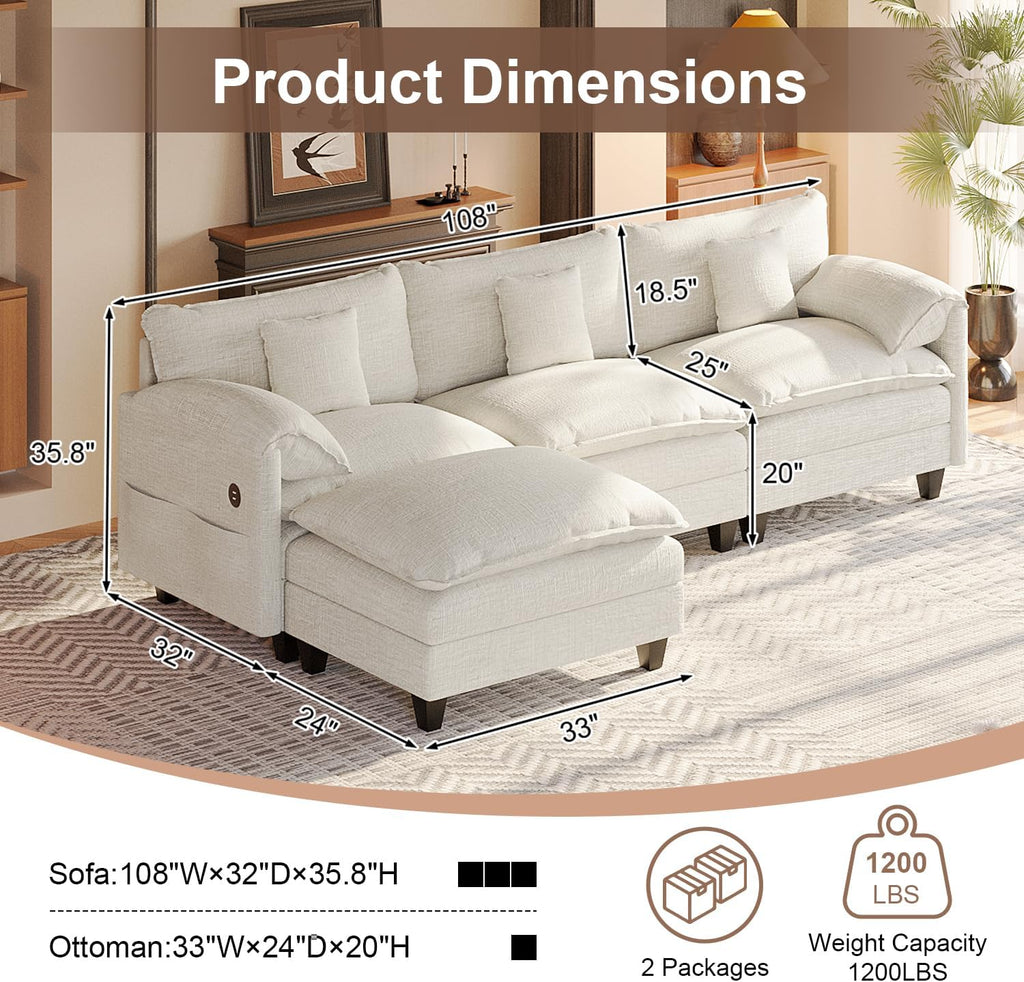 KCGKCG Modular Sectional Sofa, 108' Comfy Cloud Couch with Movable Ottoman | Charging Station | Side Pocket | Throw Pillow, Modern L-Shaped Couches for Living Room, Chenille, White