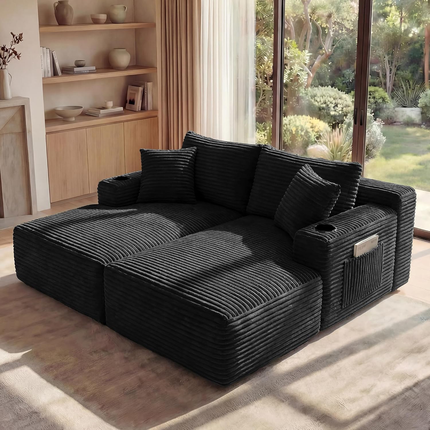 125 Inch Modular Sectional Sofa, Cloud Couch Oversized U Shaped Corduroy Sofa with Storage & Cupholders, Modern Deep Seat Boneless Couches for Living Room, No Assembly Required, Black