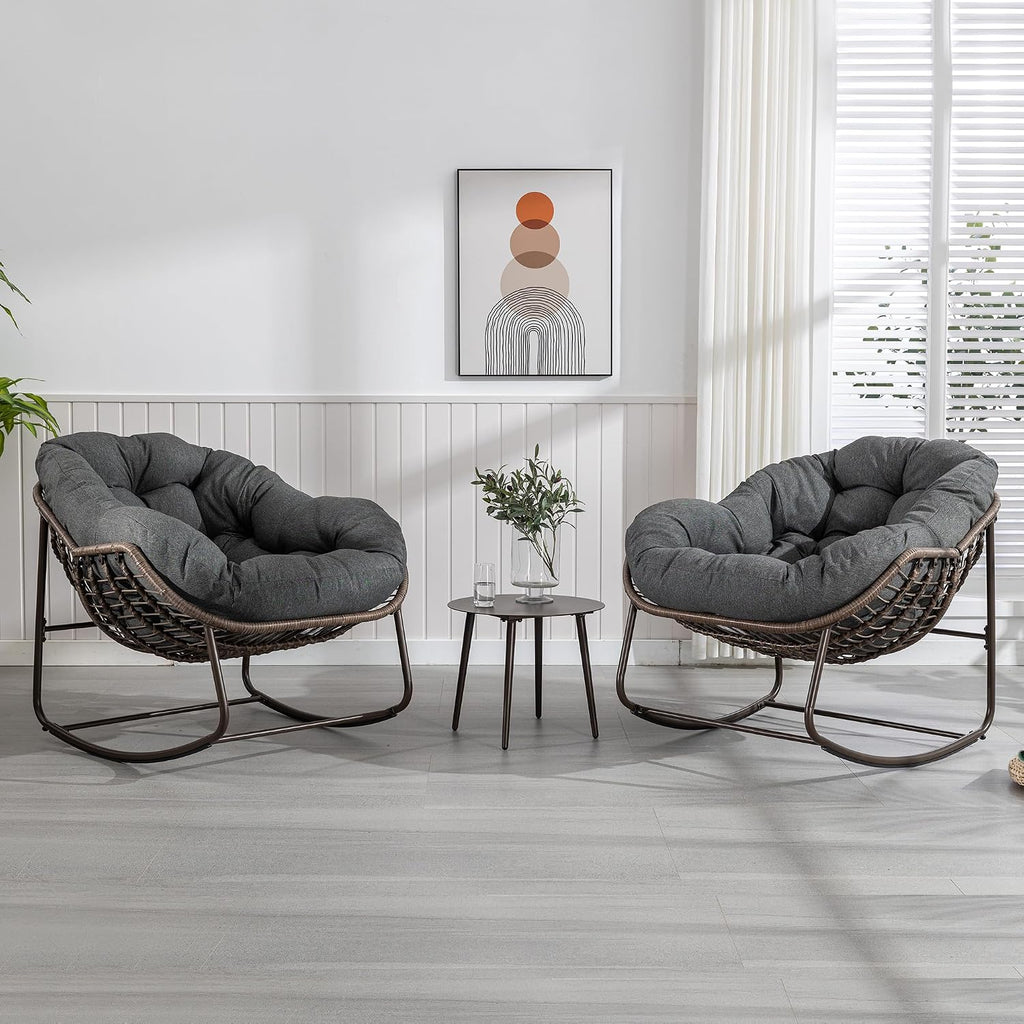Rattan Outdoor Rocking Chair, Wicker Patio Egg Rocking Chair with Detachable Cushion, Indoor Papasan Chair for Living Room, Garden, Patio, Gray