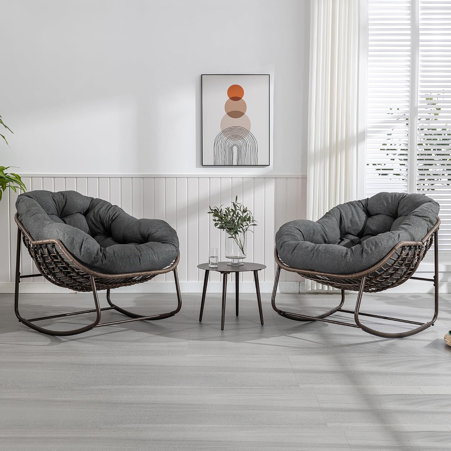 Rattan Outdoor Rocking Chair, Wicker Patio Egg Rocking Chair with Detachable Cushion, Indoor Papasan Chair for Living Room, Garden, Patio, Gray