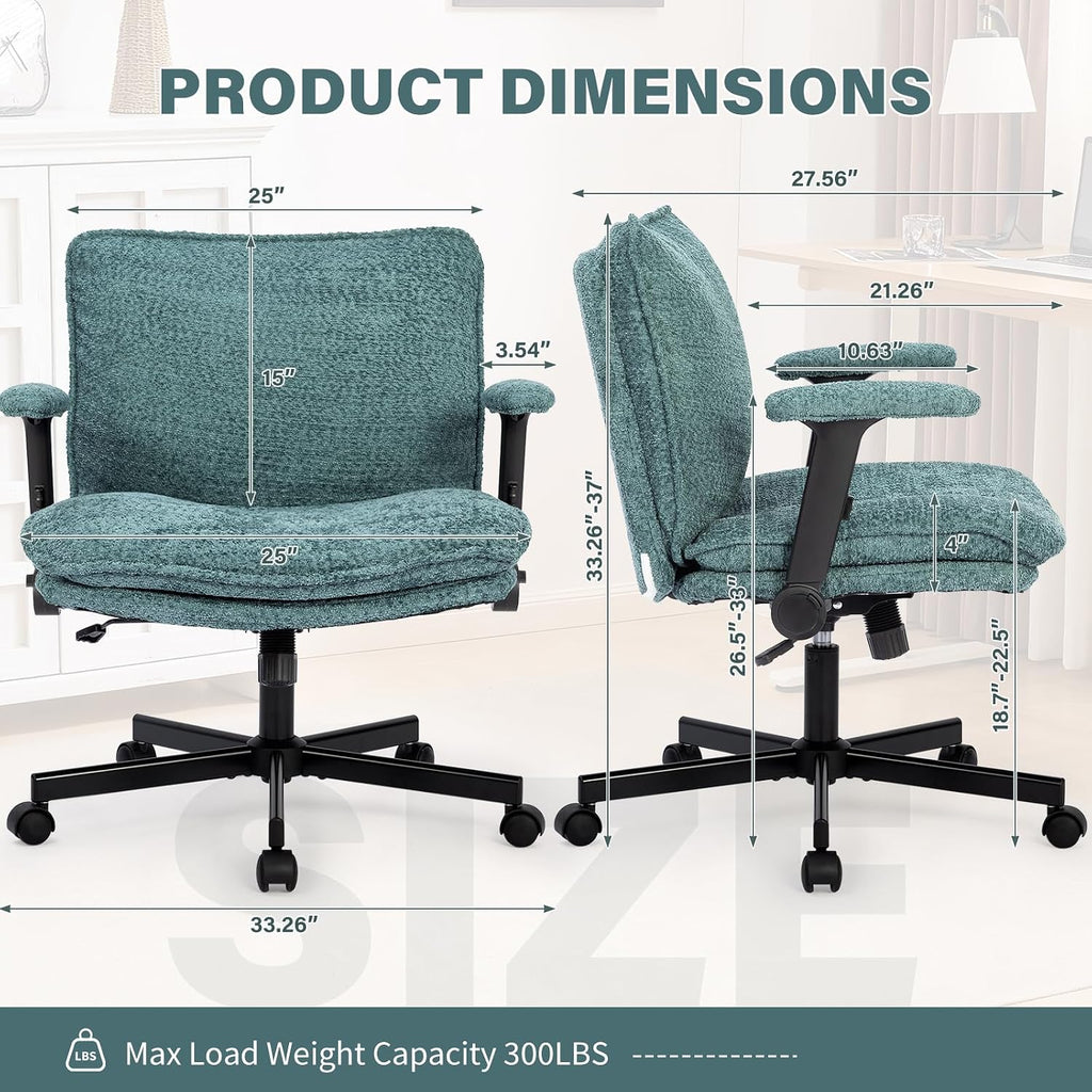 Kassipo Criss Cross Legged Office Chair with Wheels and Flip-Up Arms, Upholstered Criss Cross Desk Chair, Wide Seat Chairs for Home Office, Vanity, Apartment, Green