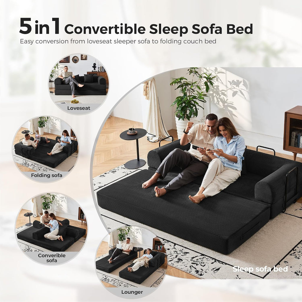 5-in-1 Convertible Sofa Bed No Assembly, 79' Fixed Steel Frame Sleeper with High-Resilience Foam, Corduroy Modular Couch Foldable for Small Space, Apartment, Studio (Black)