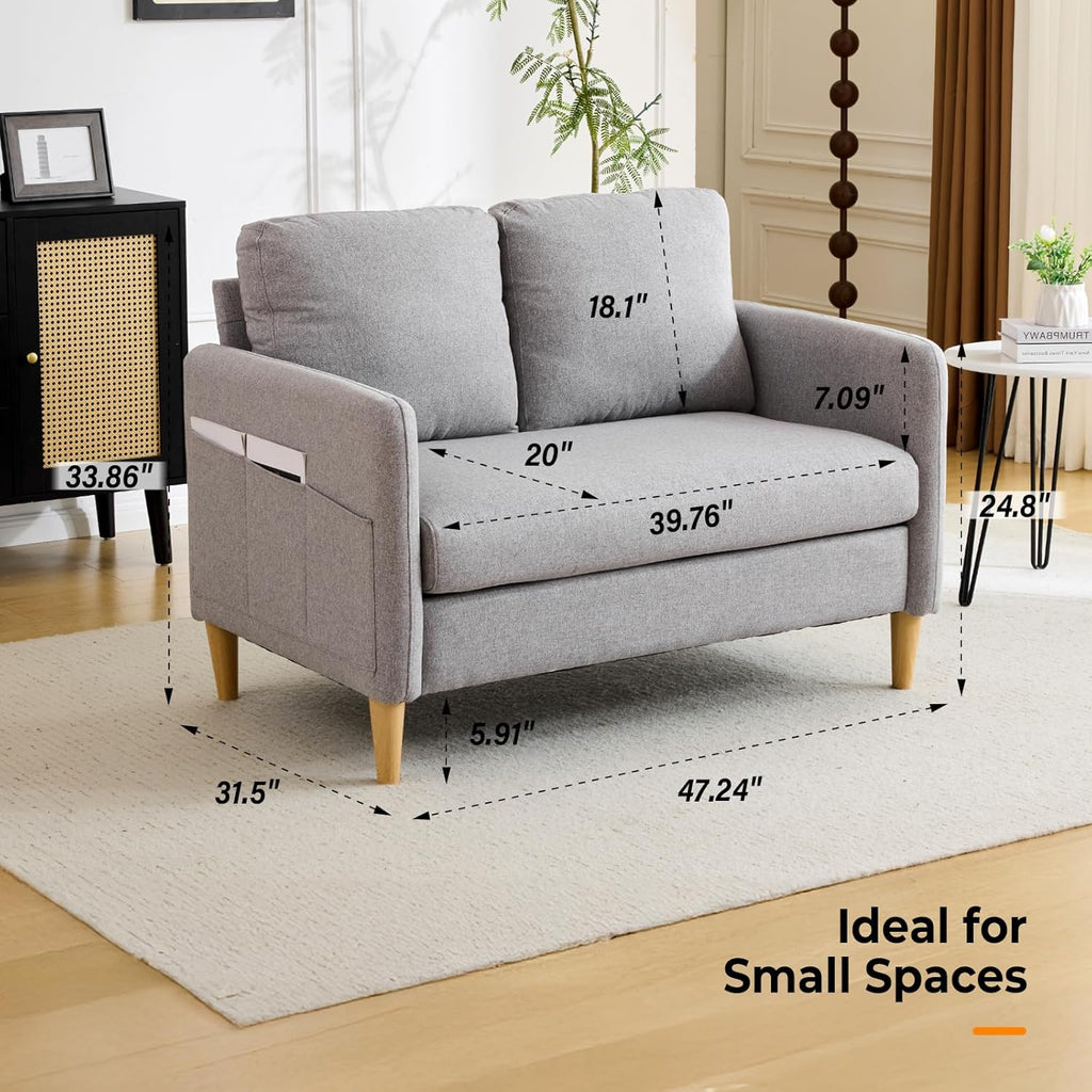 VINGLI 47' Small Couch, Linen Loveseat Sofa Light Grey Mini Couch Mid Century Modern Decor Love Seat for Small Spaces Living Room, Bedroom, Play Room