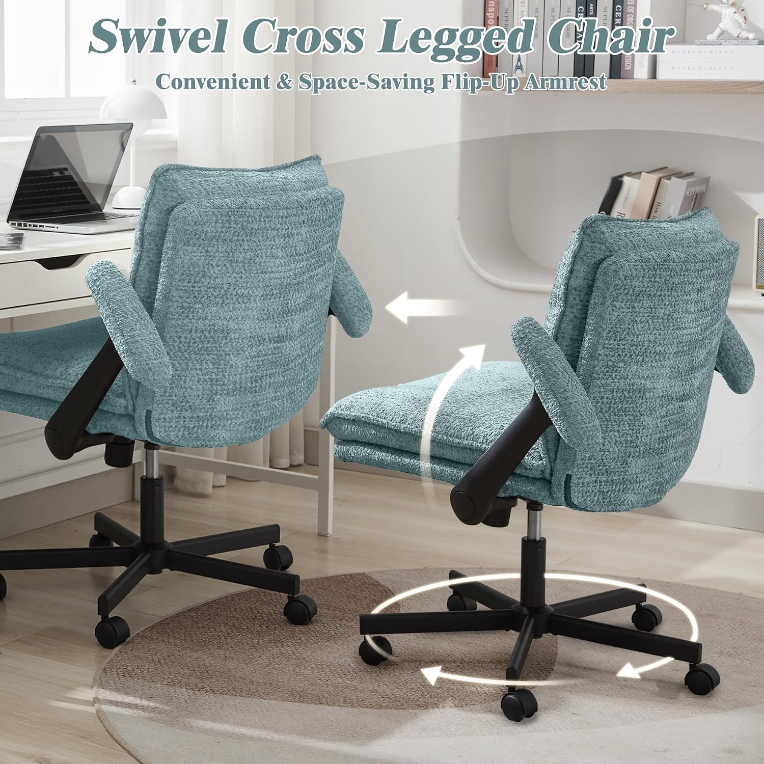 Kassipo Criss Cross Legged Office Chair with Wheels and Flip-Up Arms, Upholstered Criss Cross Desk Chair, Wide Seat Chairs for Home Office, Vanity, Apartment, Light Green