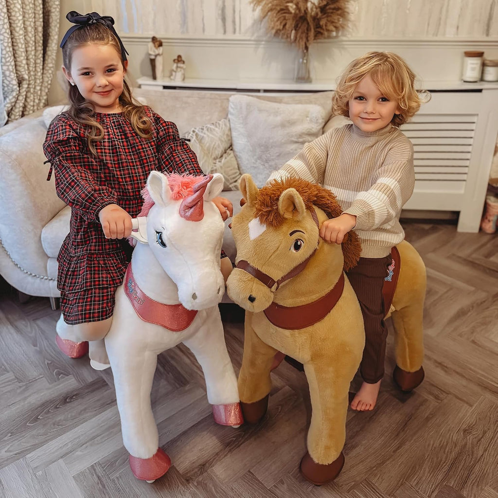 PonyCycle Unicorn Ride on Toys for Girls Horse Spirit Toys No Battery Required Size 4 for Kids Age 4-8/35.4' Height Birthday Gifts Plush Walking Animal Giddy up Riding Pony Pink E412