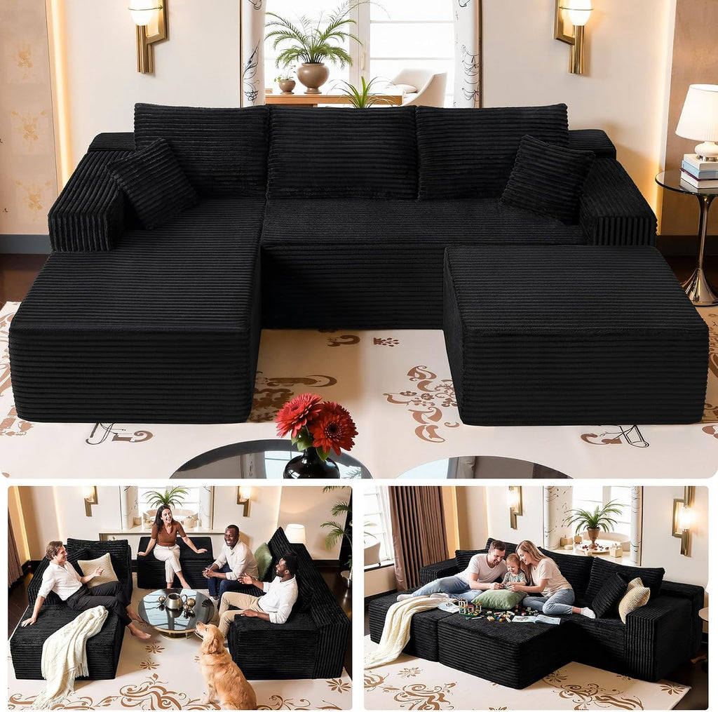 Black Sectional Couch with Ottoman, 108' Cloud Modular Couch for Living Room, Modern U-Shaped Sofa, No Assembly Required - Plush Corduroy Fabric & Deep Seat Comfort (Right Facing Chaise)